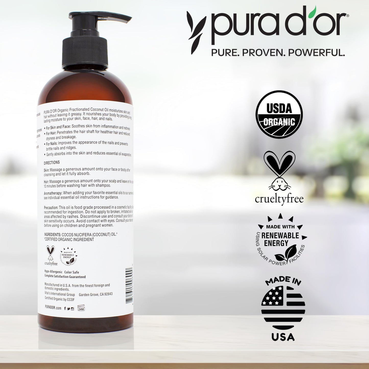 PURA D'OR 16oz Organic Fractionated Coconut Oil - MCT Carrier Oil, 100% Pure, Cold Pressed, Unscented, Hexane-Free for Hair, Skin & Face
