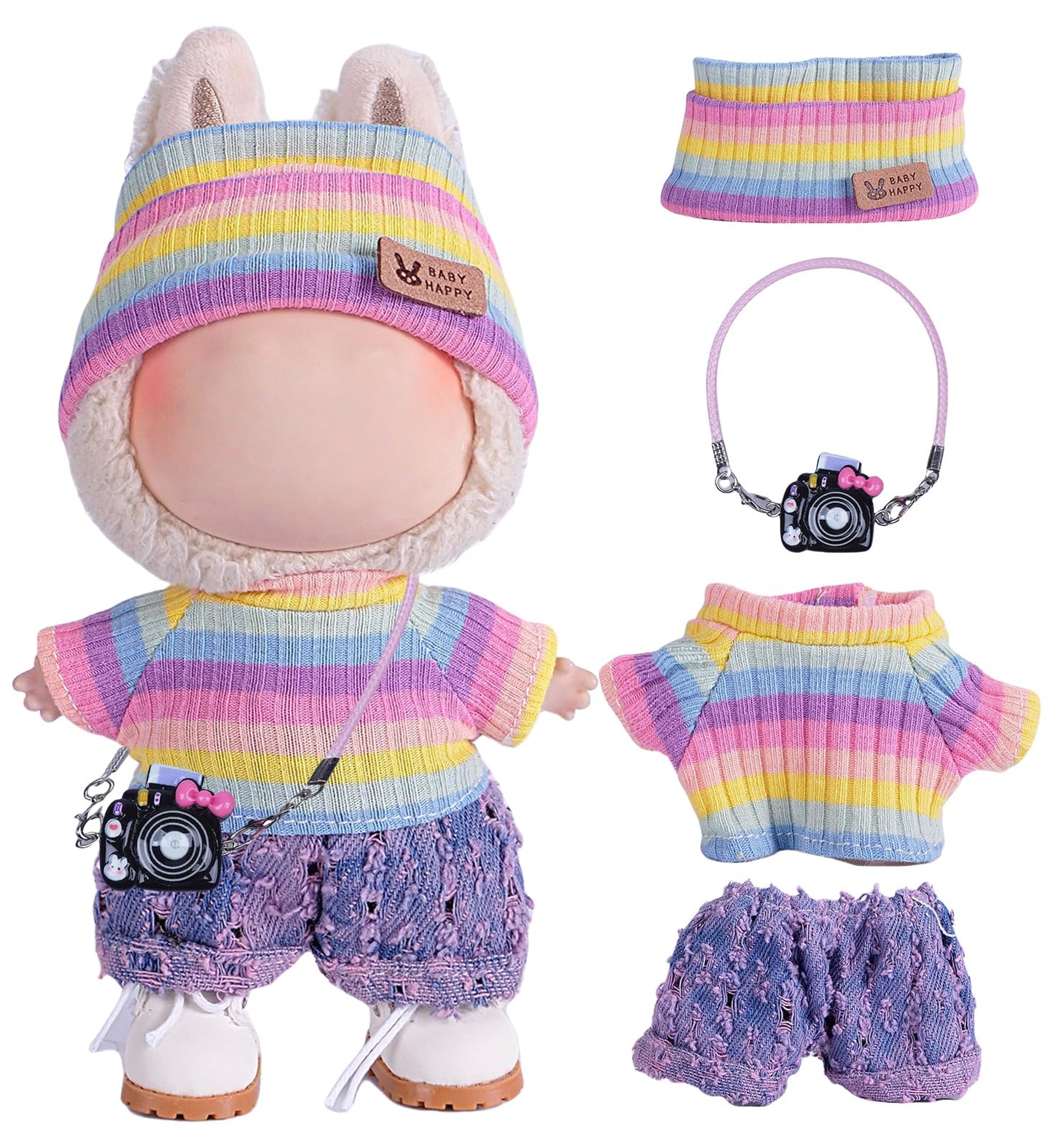 4pcs Handcrafted Labubu Doll Clothes Set (No Doll) – Cute Crocheted Hat, Sweater, Skirt & Bag, Rainbow Outfits, 15-17cm, AK052