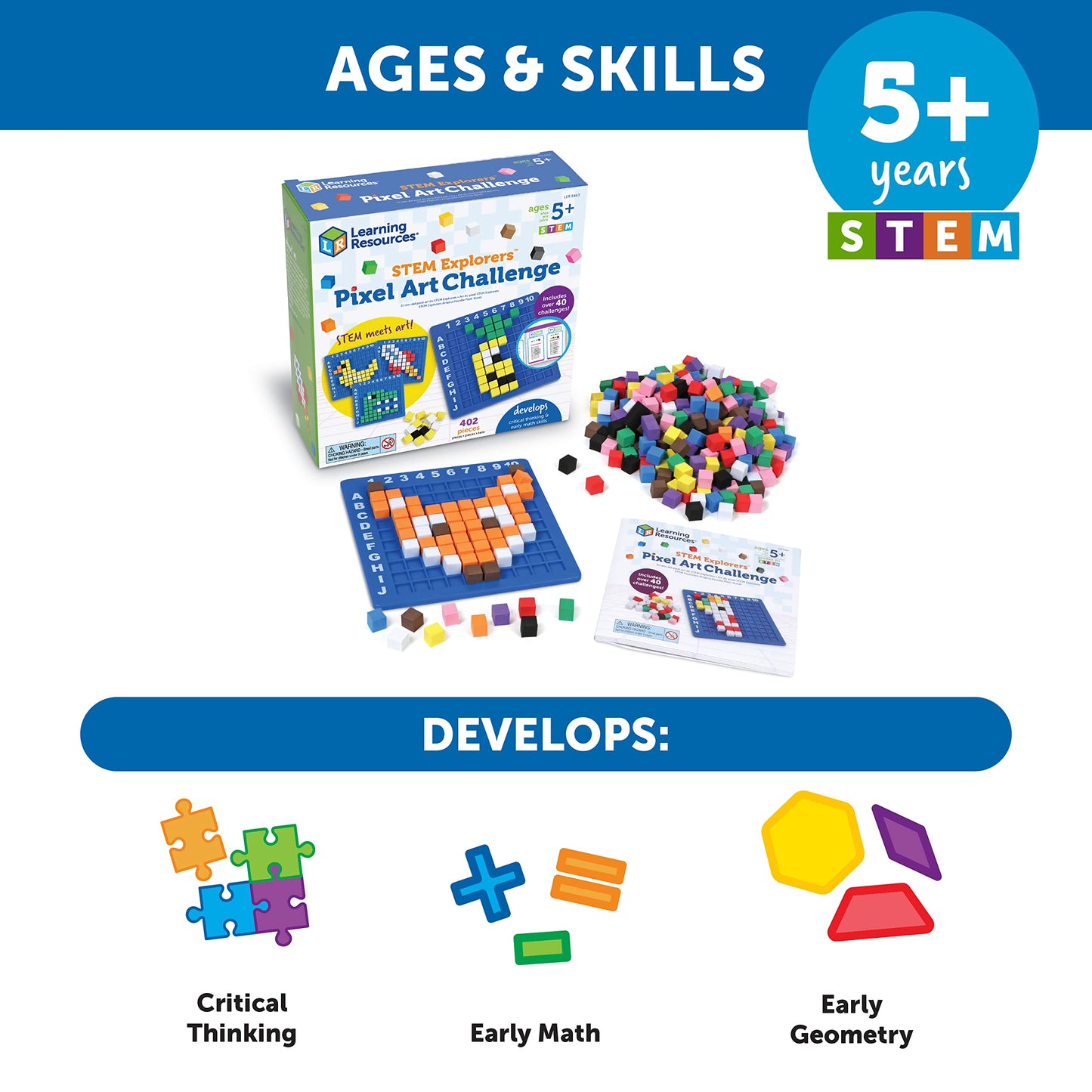 Learning Resources STEM Explorers Pixel Art Challenge - Math & Pattern Block Activity Set for Kids, Creative STEM Building & Learning Toy
