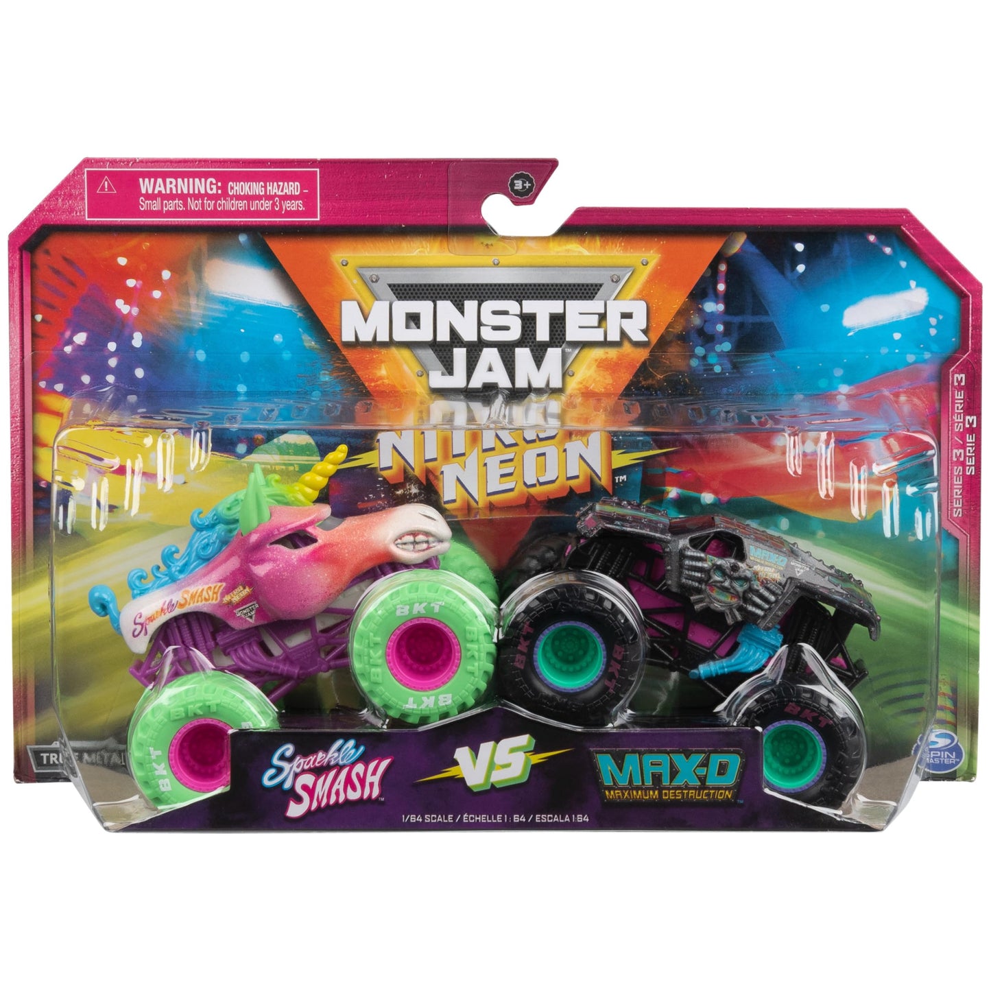 Monster Jam, Official Nitro Neon, Sparkle Smash Vs. Max-D, 1:64 Scale Die-Cast Monster Trucks, Kids Toys for Boys Ages 3 and up
