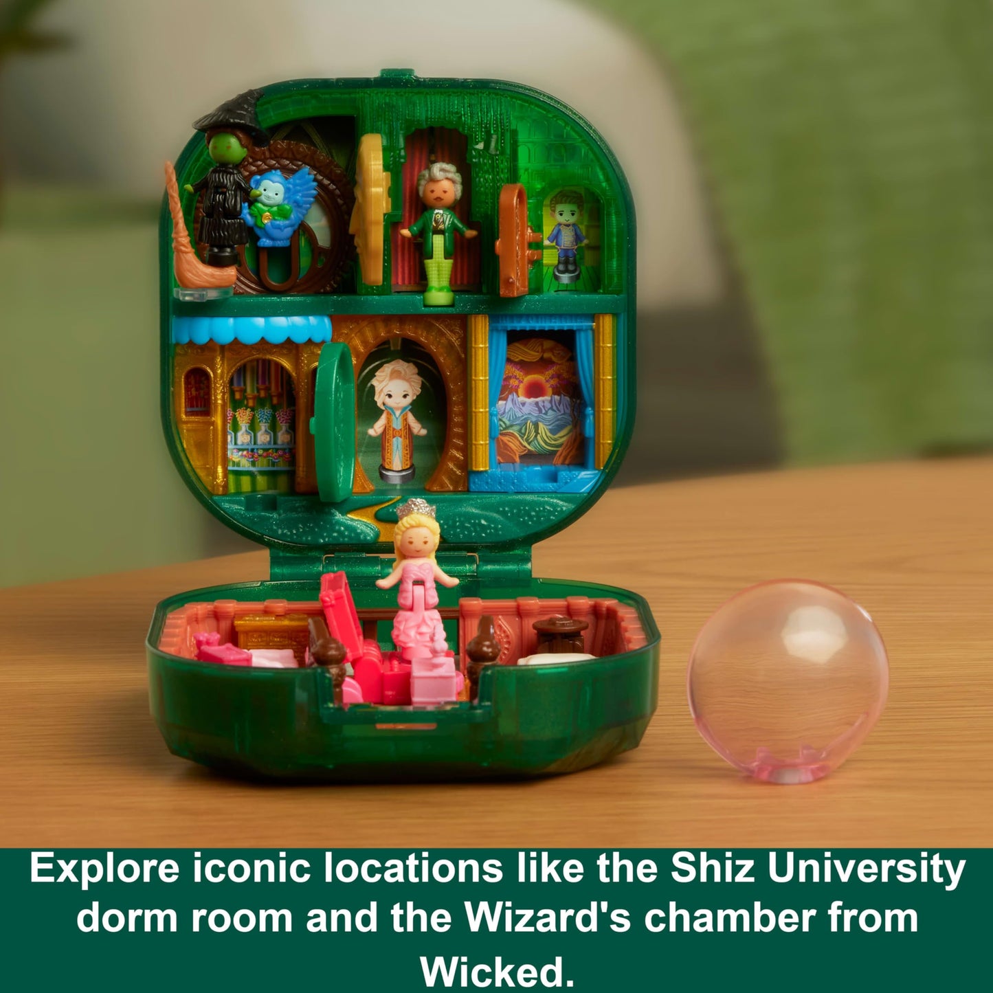 Polly Pocket Wicked x Collector Compact, Micro Dolls and Playset, 2 Themed Accessories, Iconic Shiz & Oz Locations, Glinda, Elphaba, & The Wizard