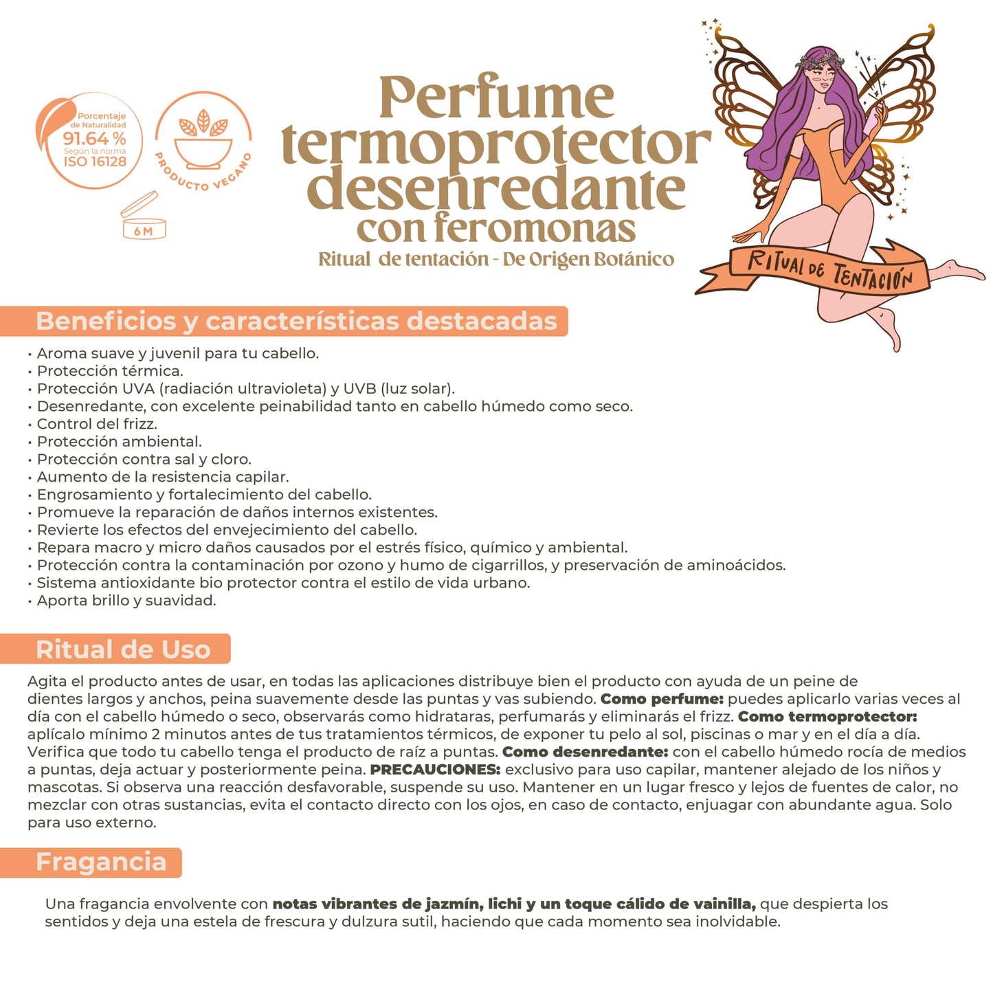 Origen Botánico Perfume Termoprotector para Cabello 120ML | Sin Alcohol, Antifrizz, Desenredante, Protección Solar, Feromonas, Jazmín & Vainilla