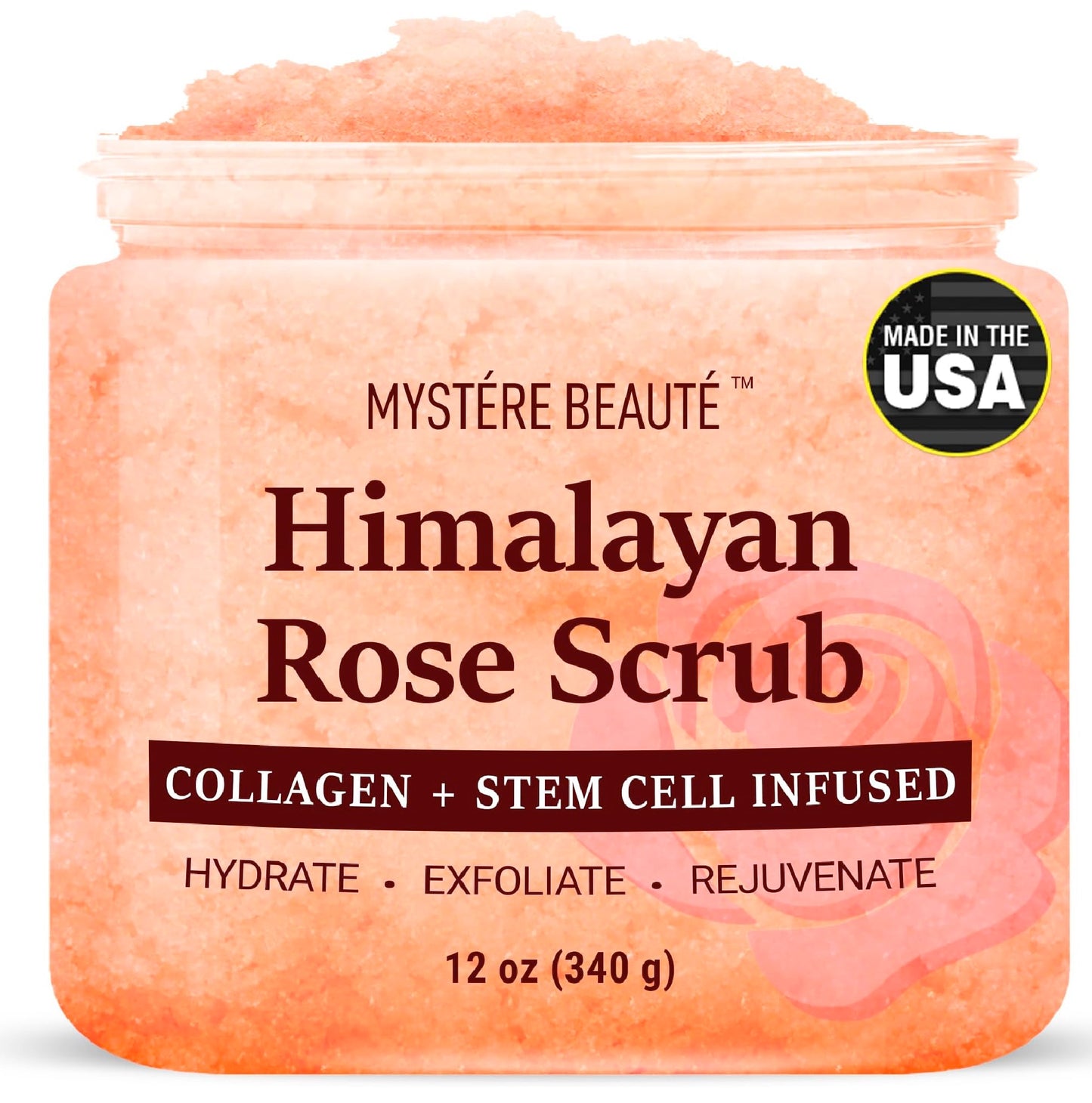 MYSTÉRE BEAUTÉ Himalayan Salt Body Scrub 12oz with Collagen & Stem Cells – Exfoliating, Moisturizing, Fights Cellulite, Acne, Wrinkles