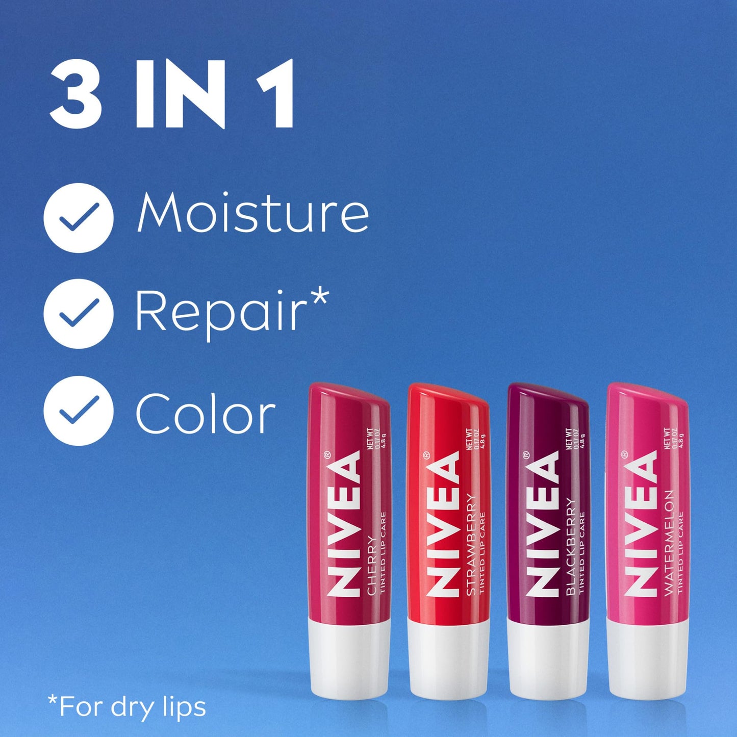 NIVEA Fruity Tinted Lip Balm 4-Pack – Cherry, Strawberry, Blackberry & Watermelon – Moisturizes, Repairs & Adds Color, 0.17oz Each