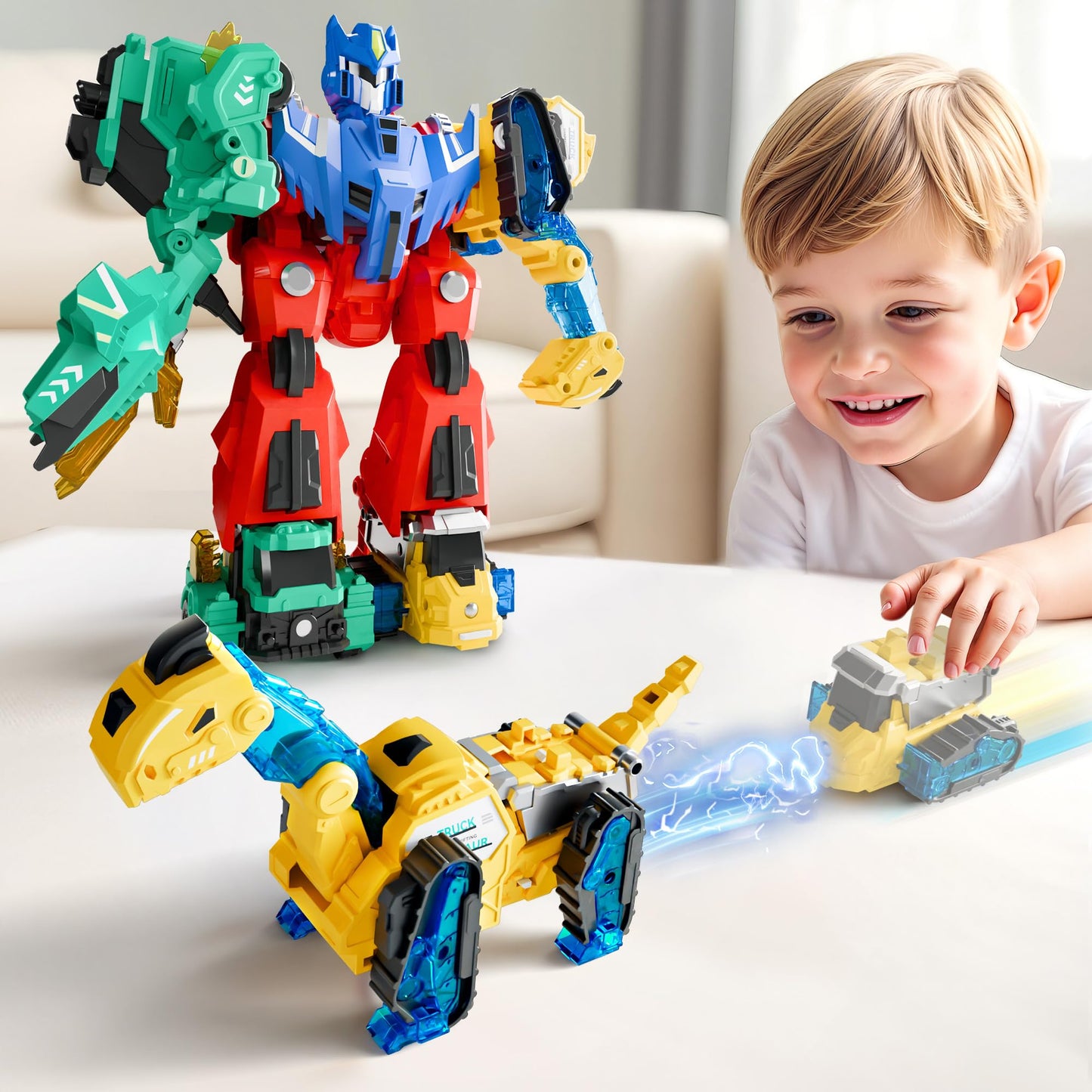 iPlay iLearn Kids Dinosaur Transforming Robot Toy – Magnetic STEM Trucks Turn into Dinosaurs, Educational Learning & Birthday Gift for Ages 3-8