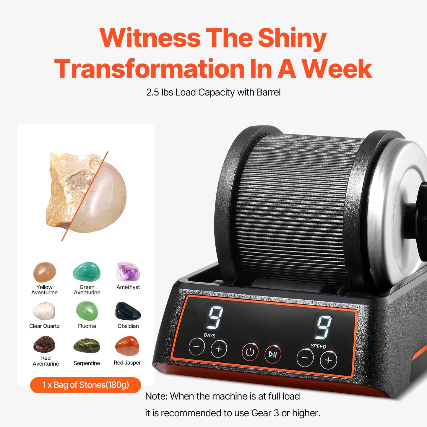 VEVOR 2.5 lbs Rock Tumbler Kit – 9-Speed, 9-Day Stone Polisher with Rough Gemstones & Polishing Grits for Adults & Kids