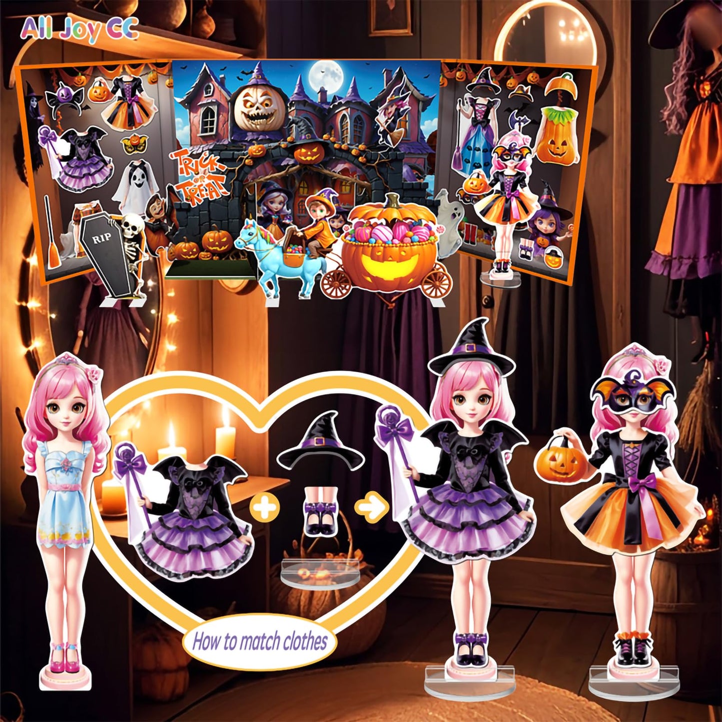 Halloween Magnetic Dress-Up Dolls for Kids β Witch & Pumpkin Fairy Costumes with 3D Haunted House Scene, Travel Toy Gift Ages 3-7
