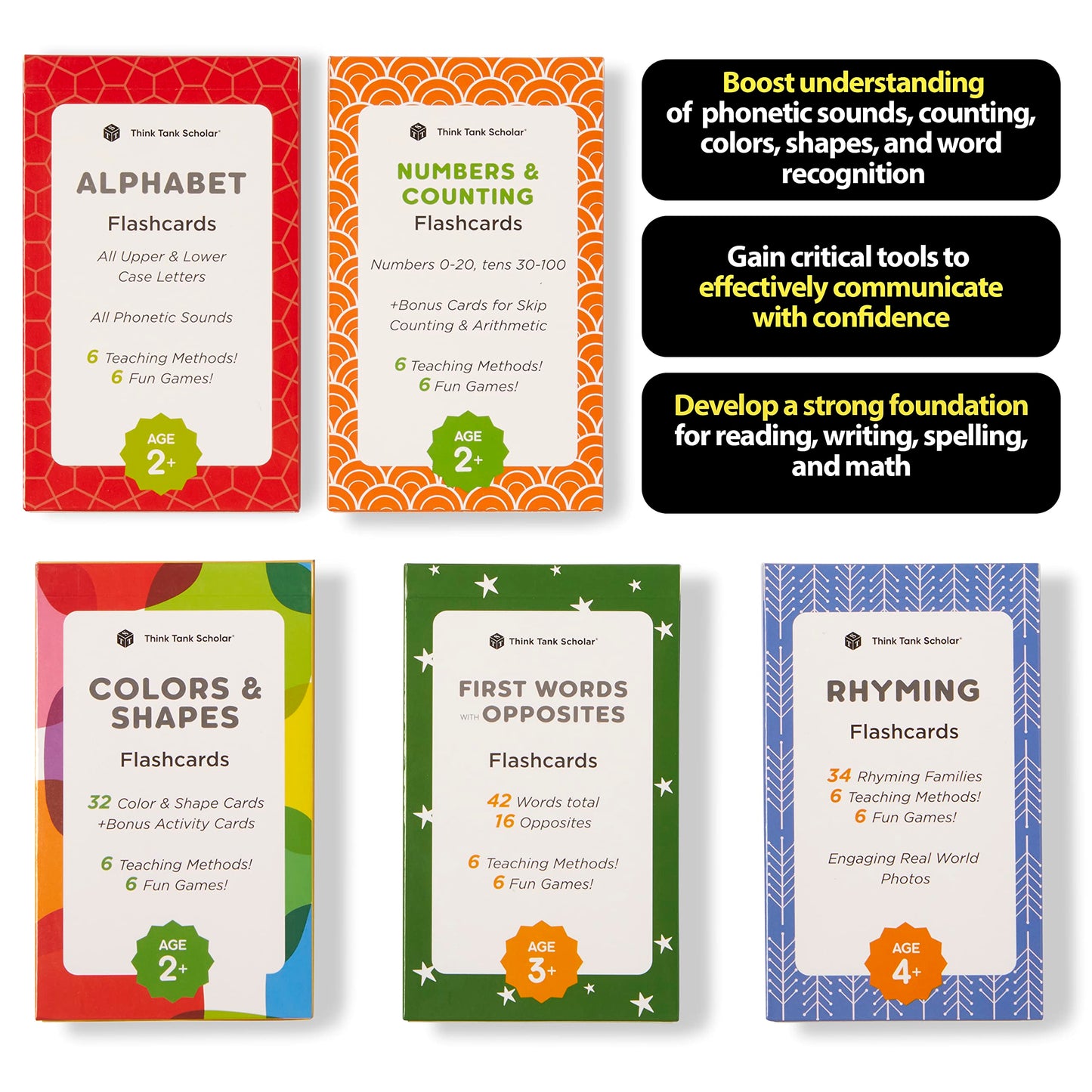 Award-Winning Preschool & Kindergarten Flash Cards – 5-Deck, 180 Jumbo Cards for ABC, Numbers, Colors, Shapes, Words & Rhymes (Ages 2–5)