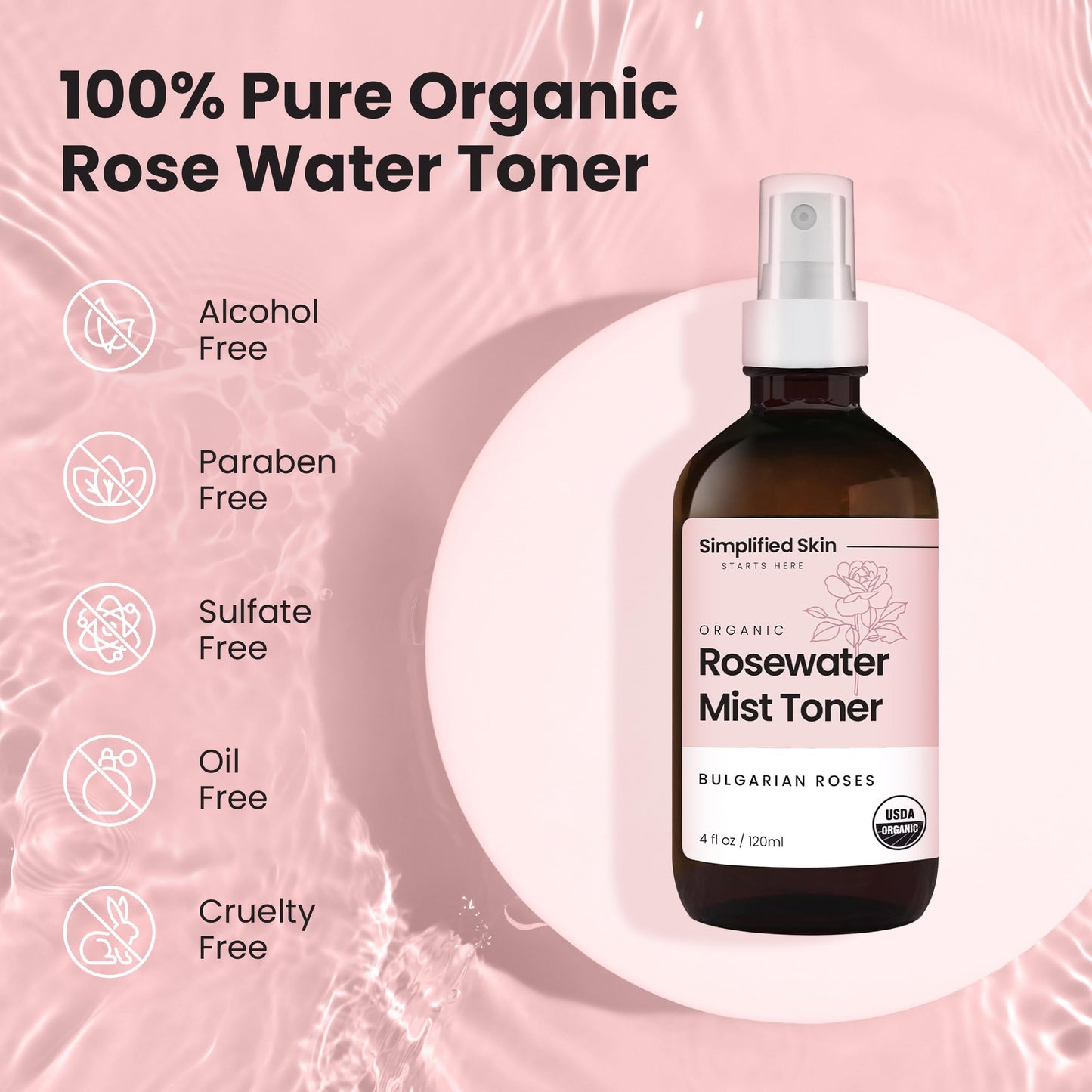 Rose Water Spray for Face & Hair – Pure USDA Organic Rosewater Toner – Refreshing Mist for Skin Care, Makeup & Locs – Natural Rose Scent, 4 Oz