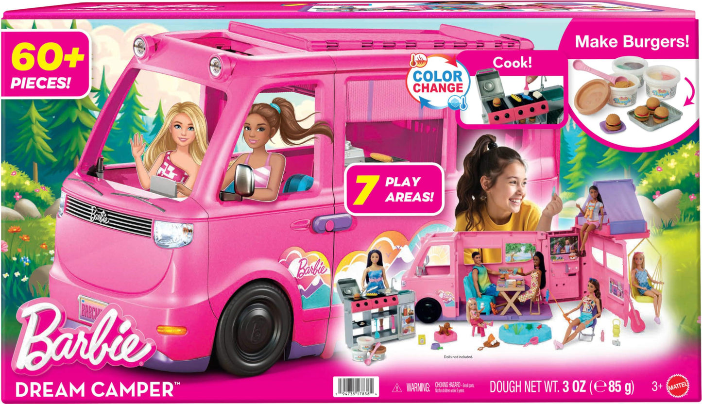 Barbie Dream Camper 2025 Playset with Roof Tent, Swing Chair, BBQ Grill, Fishing Pond, Color-Change Feature & 60+ Fun Accessories with Dough