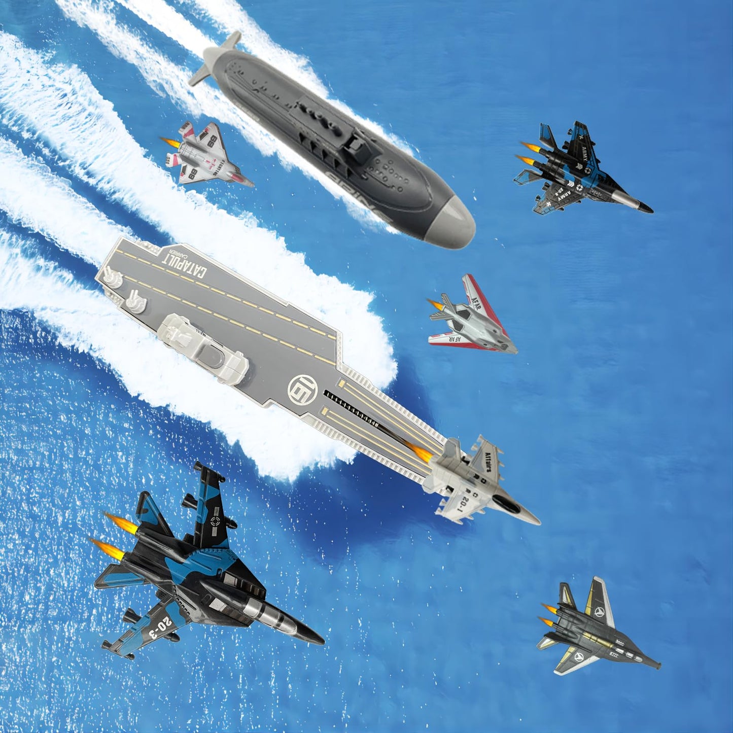 WASAiKA Aircraft Carrier & Submarine Toy Set with Launching Fighter Jet & Torpedoes – Naval Army Playset for Kids Boys & Girls