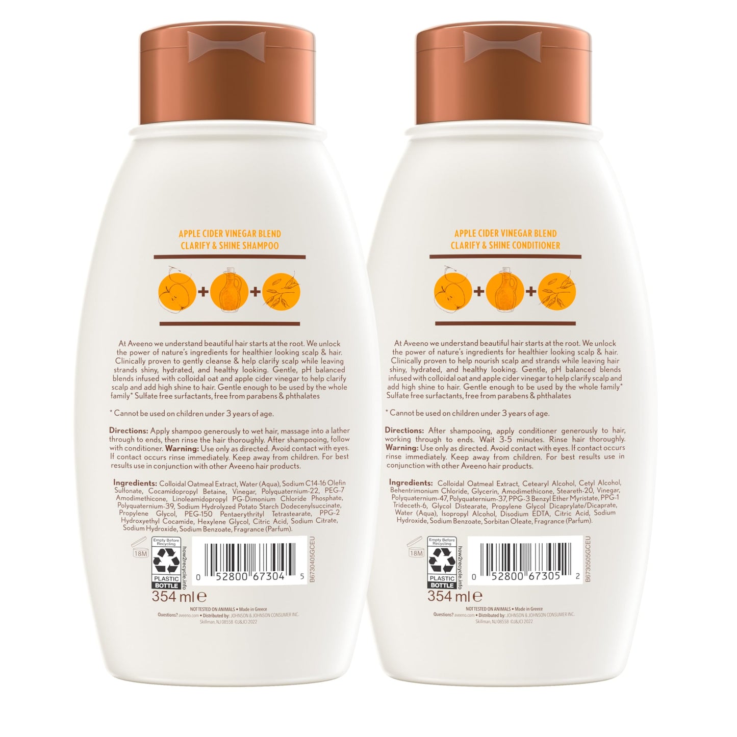 Aveeno Apple Cider Vinegar Shampoo & Conditioner Set – Clarifying & Balancing for Oily or Dull Hair, Adds Shine, Paraben & Dye-Free, 12 Fl Oz