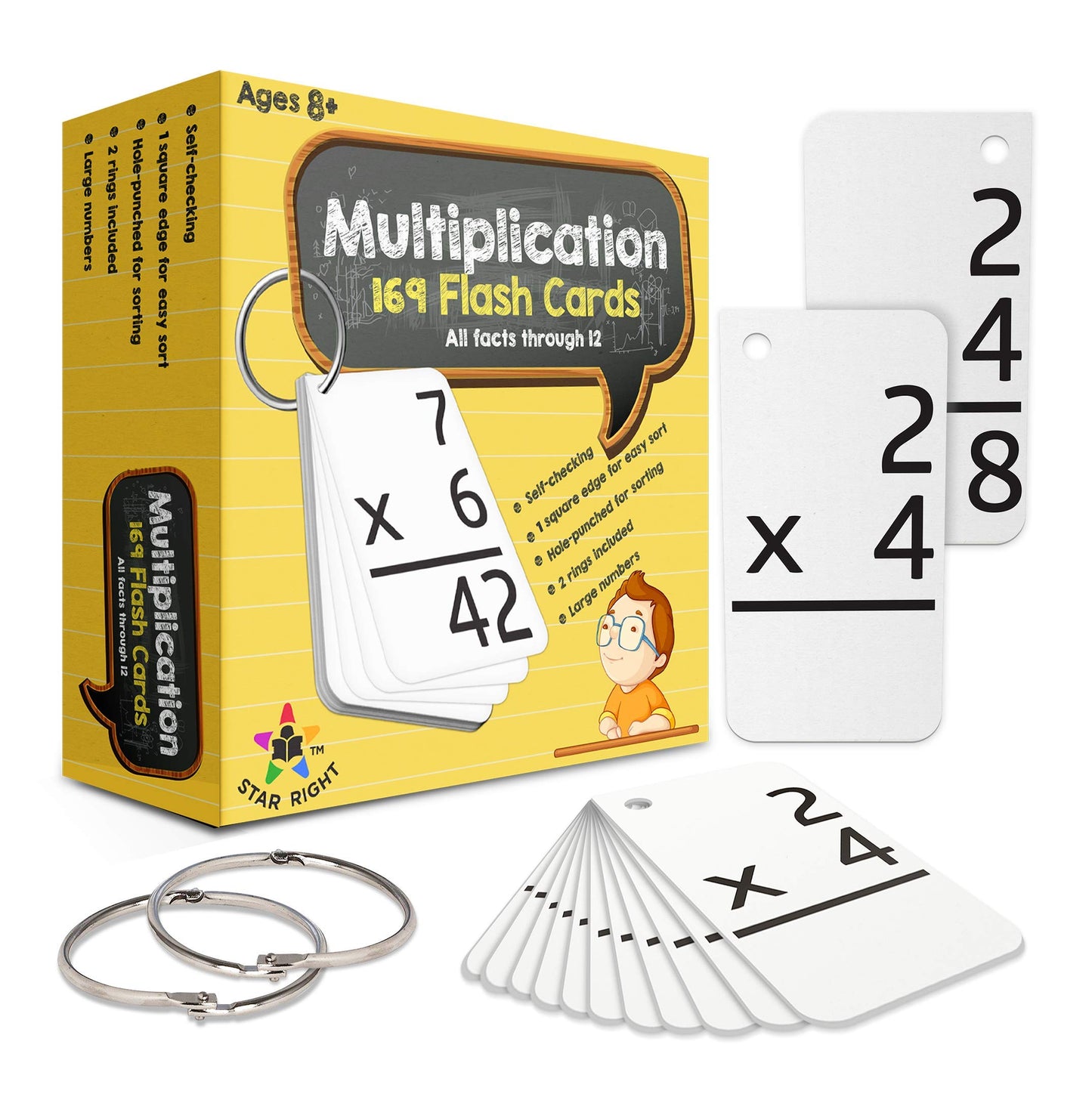Star Right Multiplication Flash Cards - 169 Hole-Punched Times Tables Cards with 2 Rings for Kids 8+, Home & School Practice