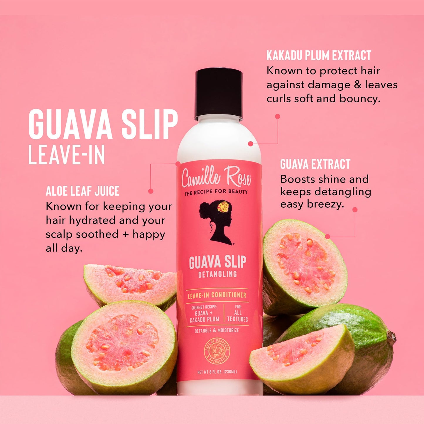 Camille Rose Guava Slip Detangling Leave-In Conditioner with Guava, Kakadu Plum & Aloe Leaf Juice – Softens & Smooths All Hair Types, 8 fl oz