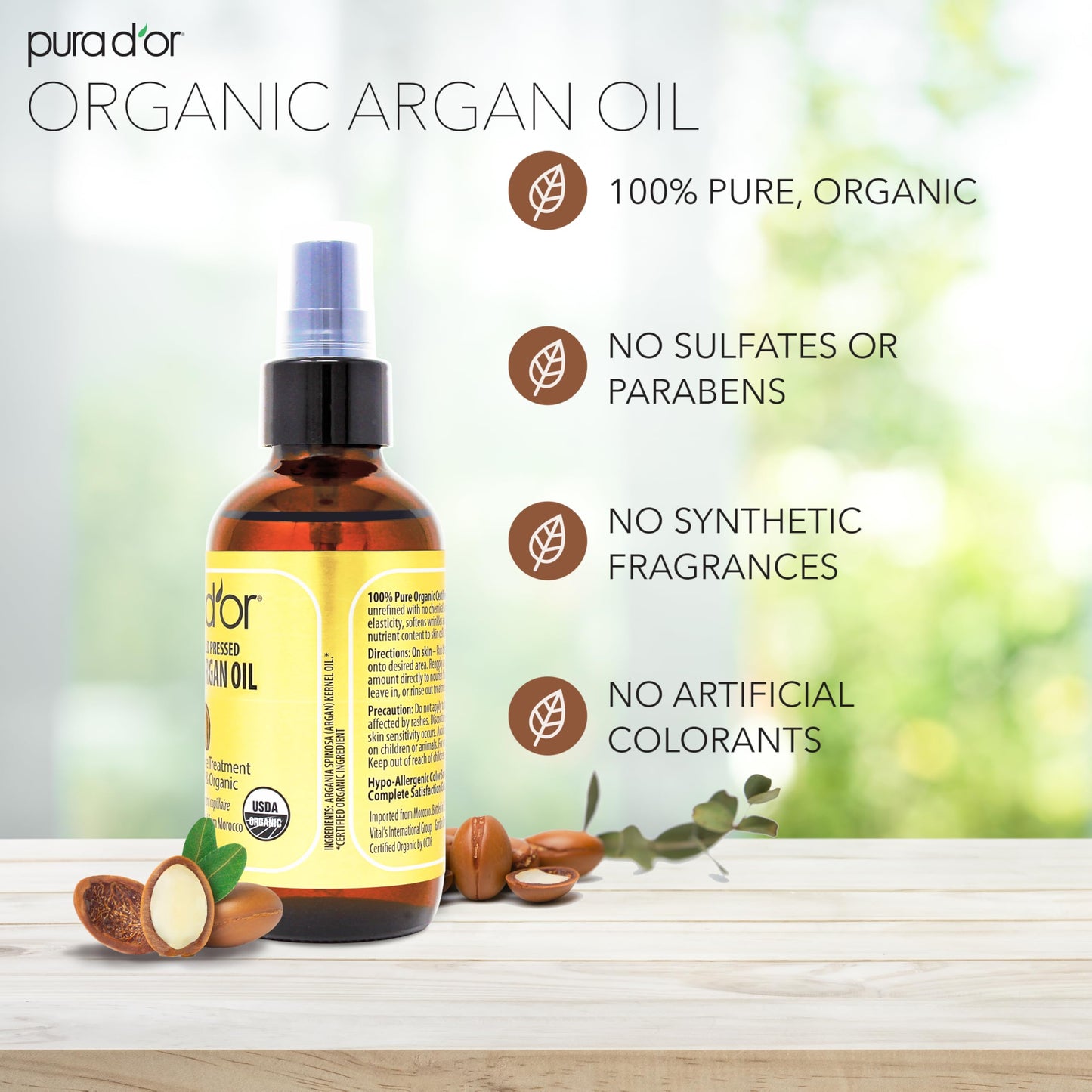 PURA D'OR Organic Moroccan Argan Oil 4 Oz | 100% Pure Cold Pressed USDA Certified | Moisturizer for Hair, Skin, Face, Body & Scalp