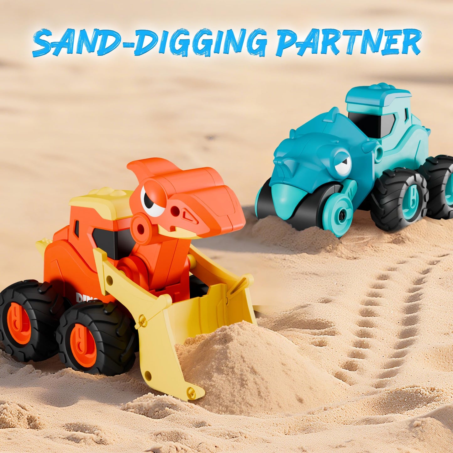 iPlay iLearn Dinosaur Truck Toys for Toddlers – Dino Push & Go Cars, Construction Sandbox Vehicles, Friction Car Set, Gift for Ages 18M-5Y