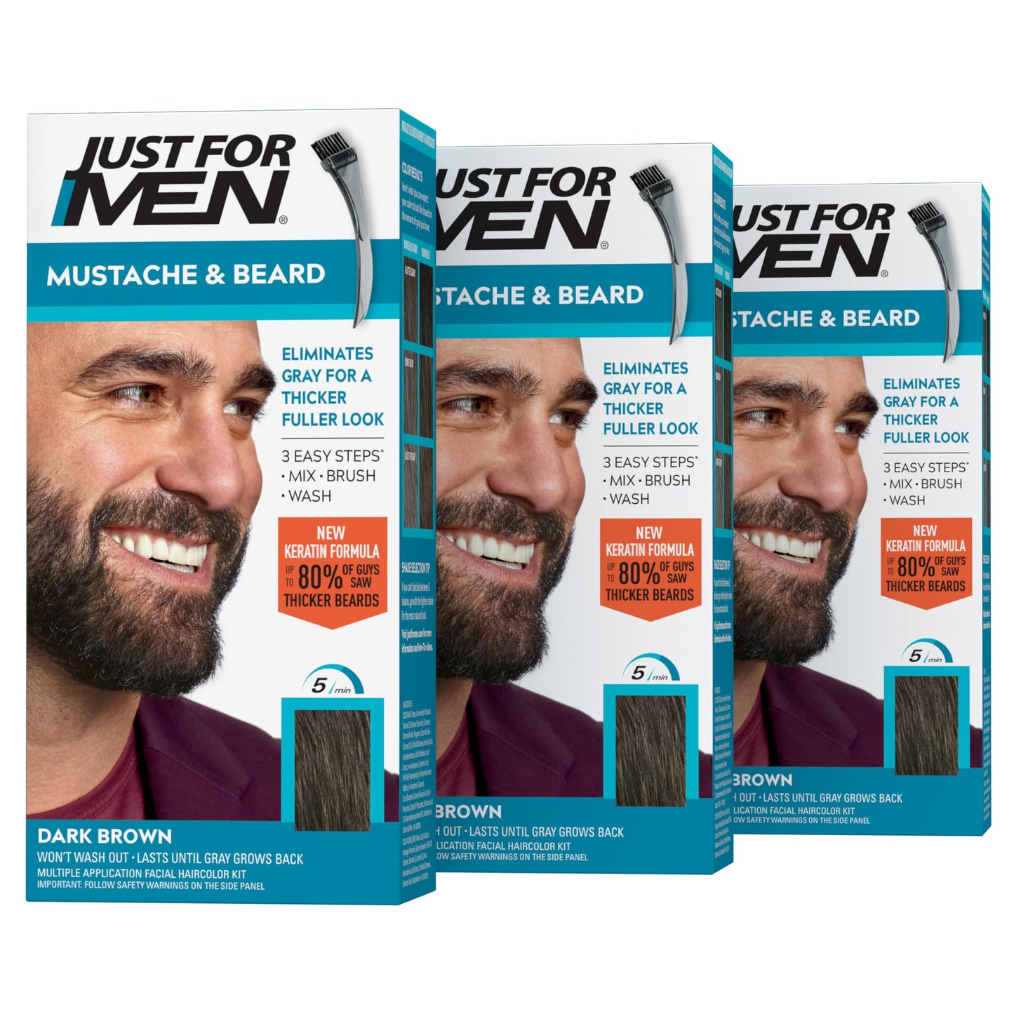 Just For Men Mustache & Beard Dye for Men, Dark Brown M-45, Pack of 3 – Includes Brush, with Keratin, Biotin, Aloe & Coconut Oil for Healthy Hair