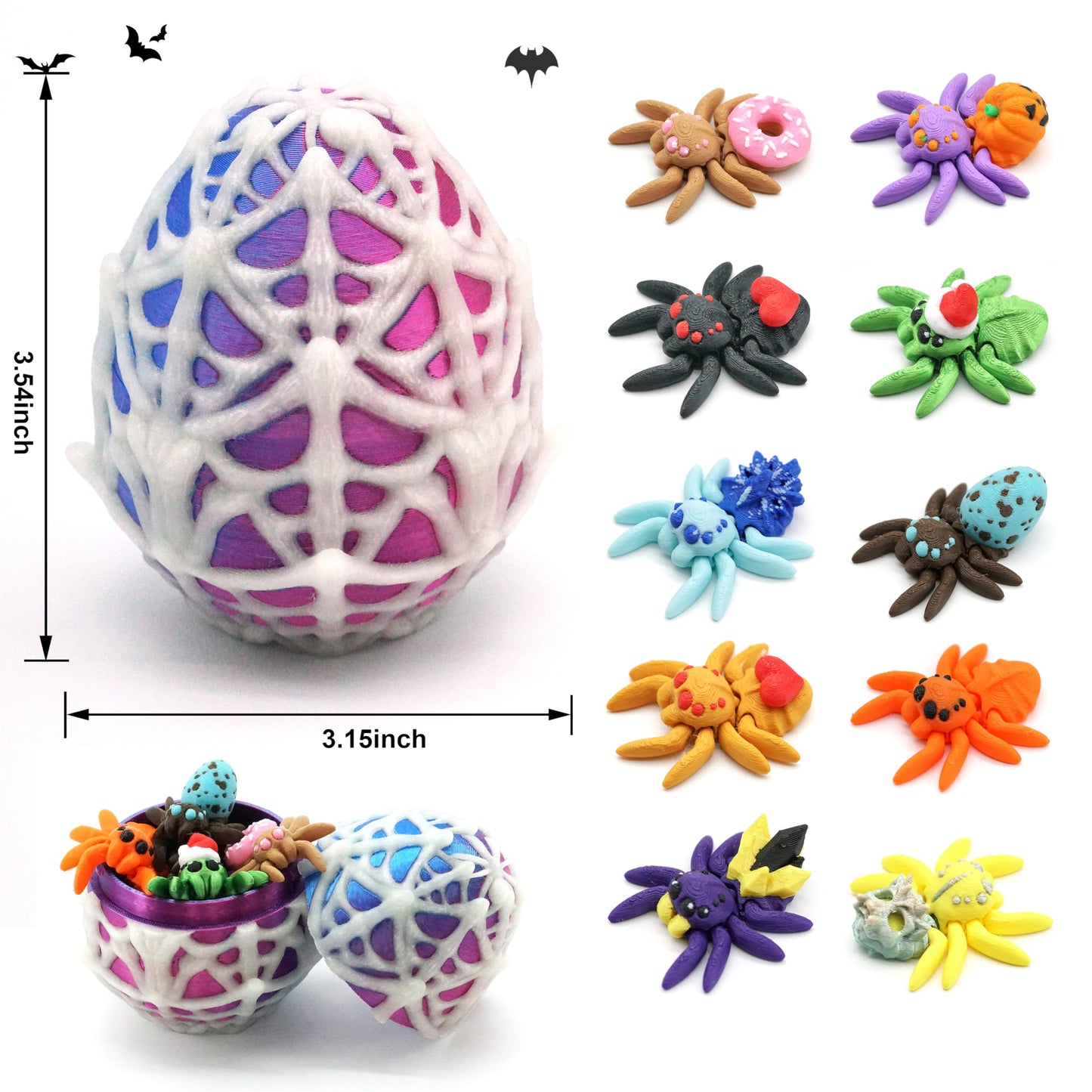 Mini 3D Printed Spider Egg with 10 Unique Glow-in-the-Dark Spiders – Halloween Toys, Cute Animal Surprise Eggs, Party Favors for Kids