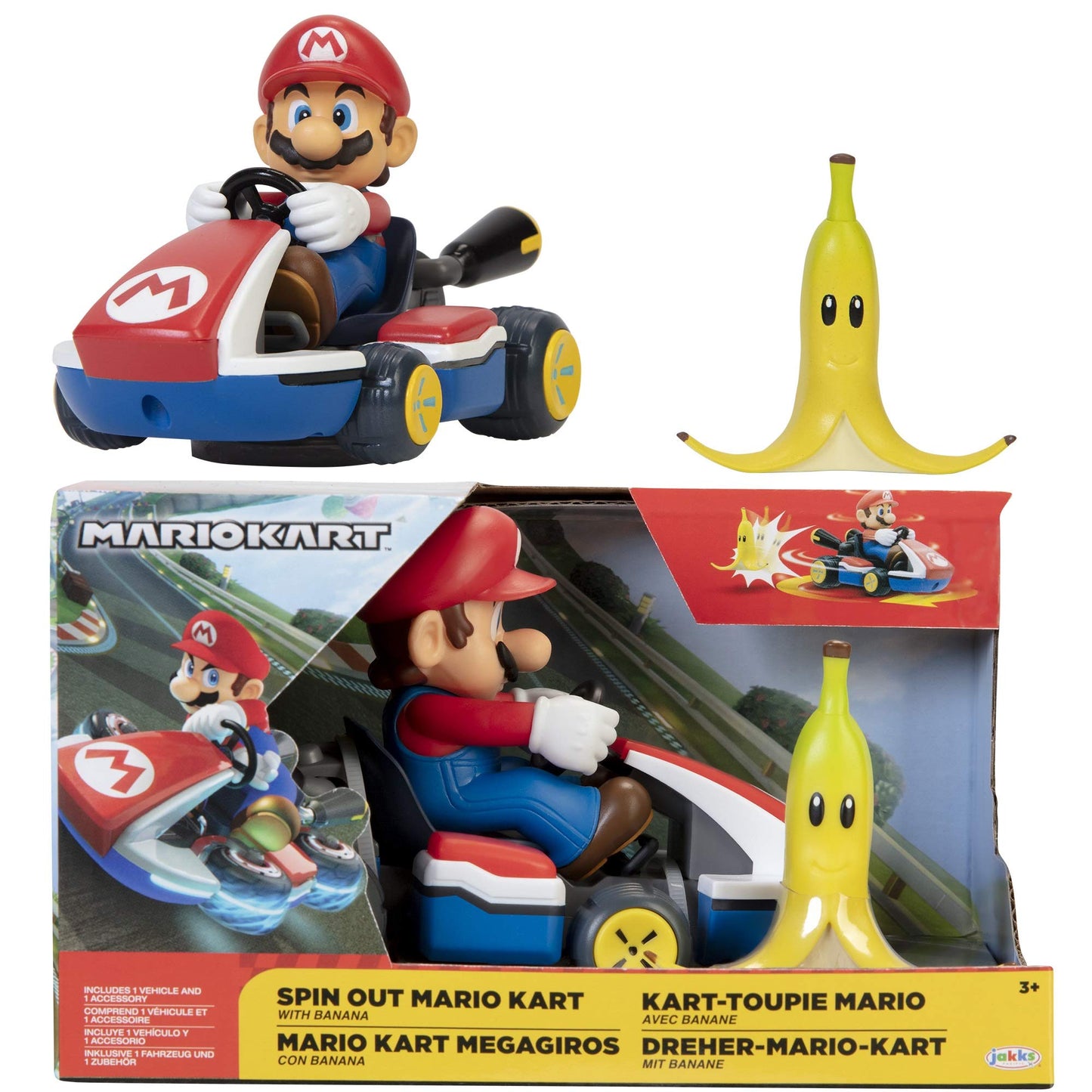 Super Mario Spin Out Mariokart Mario Racer Vehicle with 360 Spins, Wind Up and Go! Includes One 2.5” Mario Action Figure