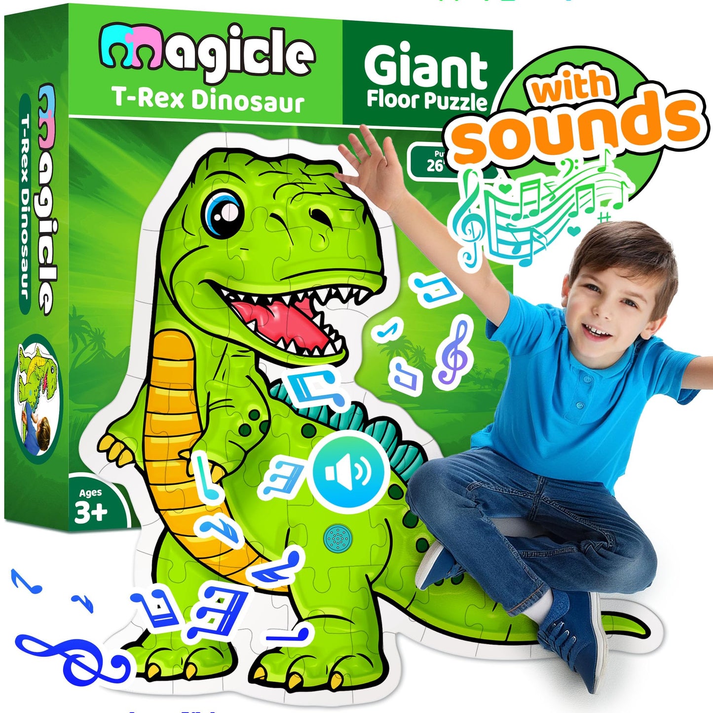 Dinosaur Giant Floor Puzzle with Sounds – 35 Extra-Thick Pieces, Educational Puzzle Toy for Kids Ages 3-8, Fun Dinosaur Gift for Boys & Girls
