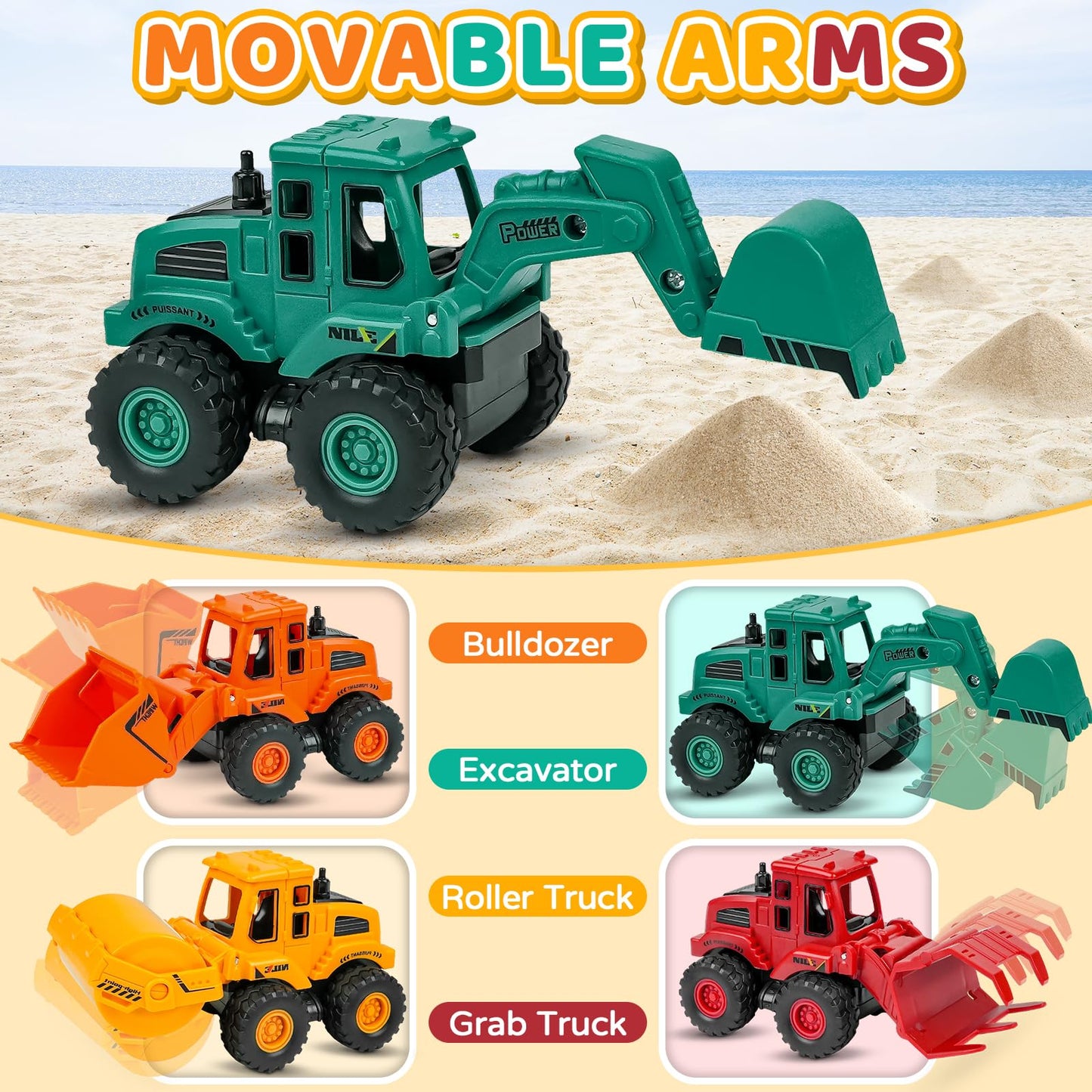 Beestech Friction Powered Construction Truck Toys for Kids Ages 3+, 4-Pack Sand Vehicles Set with Excavator, Bulldozer & Road Roller
