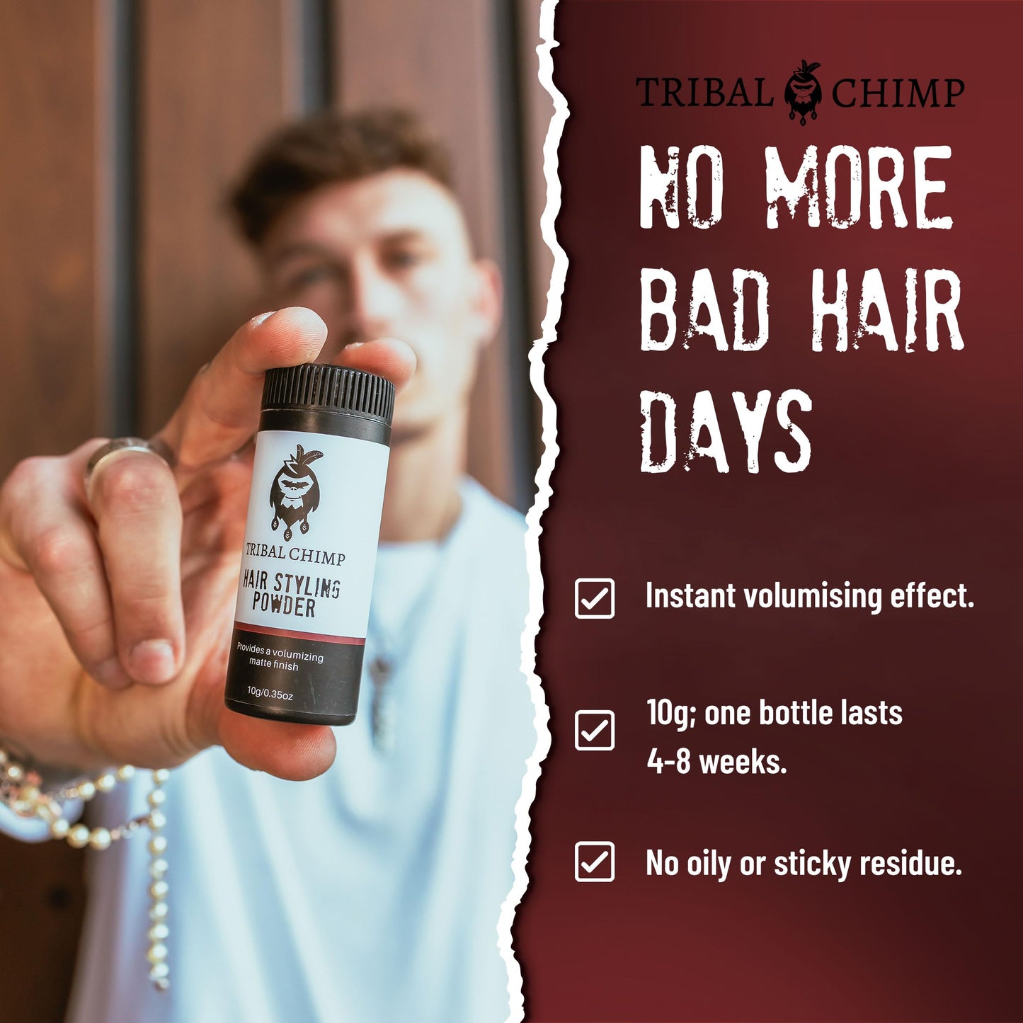 Tribal Chimp Hair Styling Powder – Volumizing & Texturizing Powder for Men & Women, Matte Finish, 24H Invisible Hold, Non-Sticky, Fresh Scent, 10g