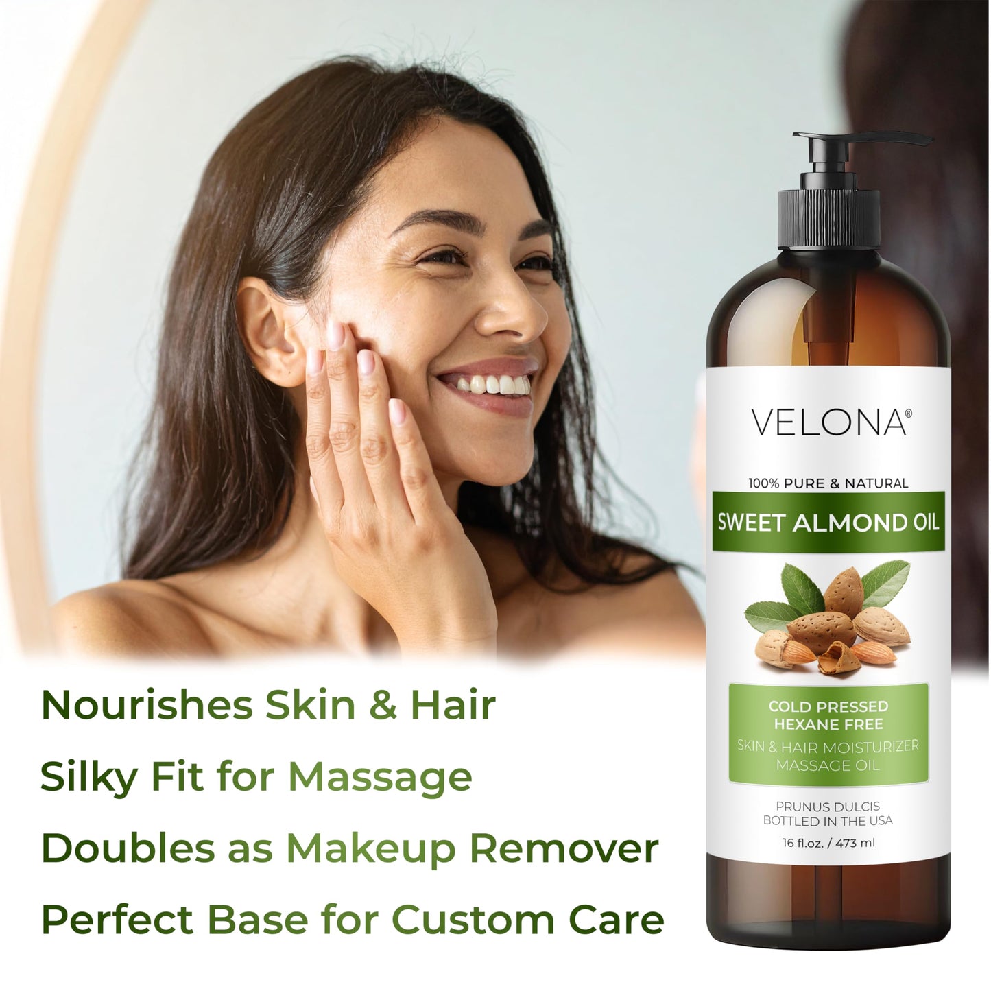 Velona Sweet Almond Oil 64 fl oz – 100% Pure & Natural Cold Pressed Carrier Oil for Skin, Hair, Face & Body Moisturizing Care