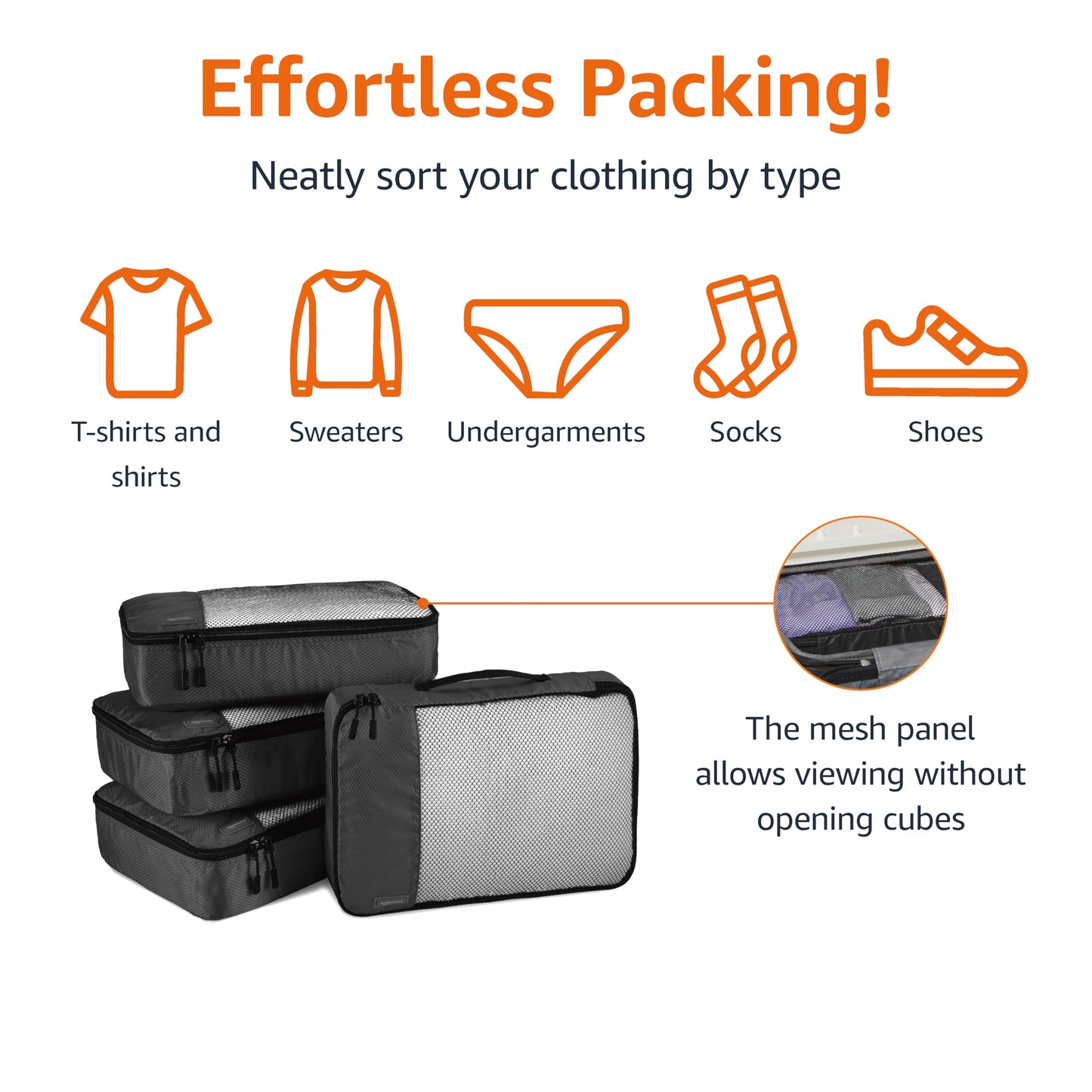 Amazon Basics Lightweight Packing Cubes Travel Organizer Set with Double Zipper, Mesh Top, Durable Polyester, Medium, 4 Piece, Black