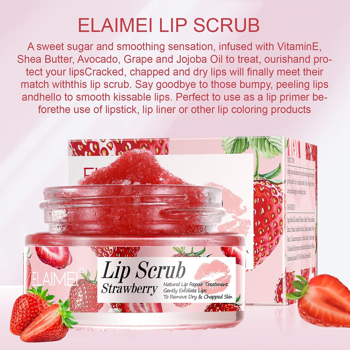 Strawberry Lip Scrub & Repair, Exfoliator & Moisturizer for Chapped, Dry and Flaky Lips