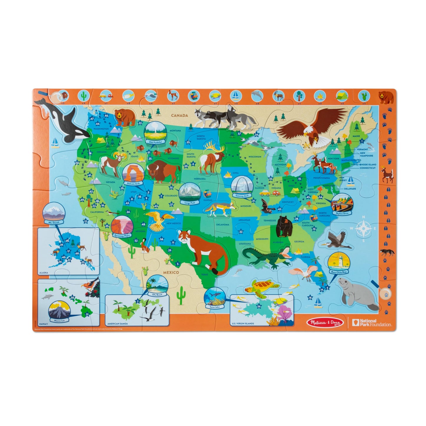 Melissa & Doug National Parks USA Map Floor Puzzle – 45 Jumbo Animal-Shaped Pieces with Search & Find Activities, Park & Animal ID Guide