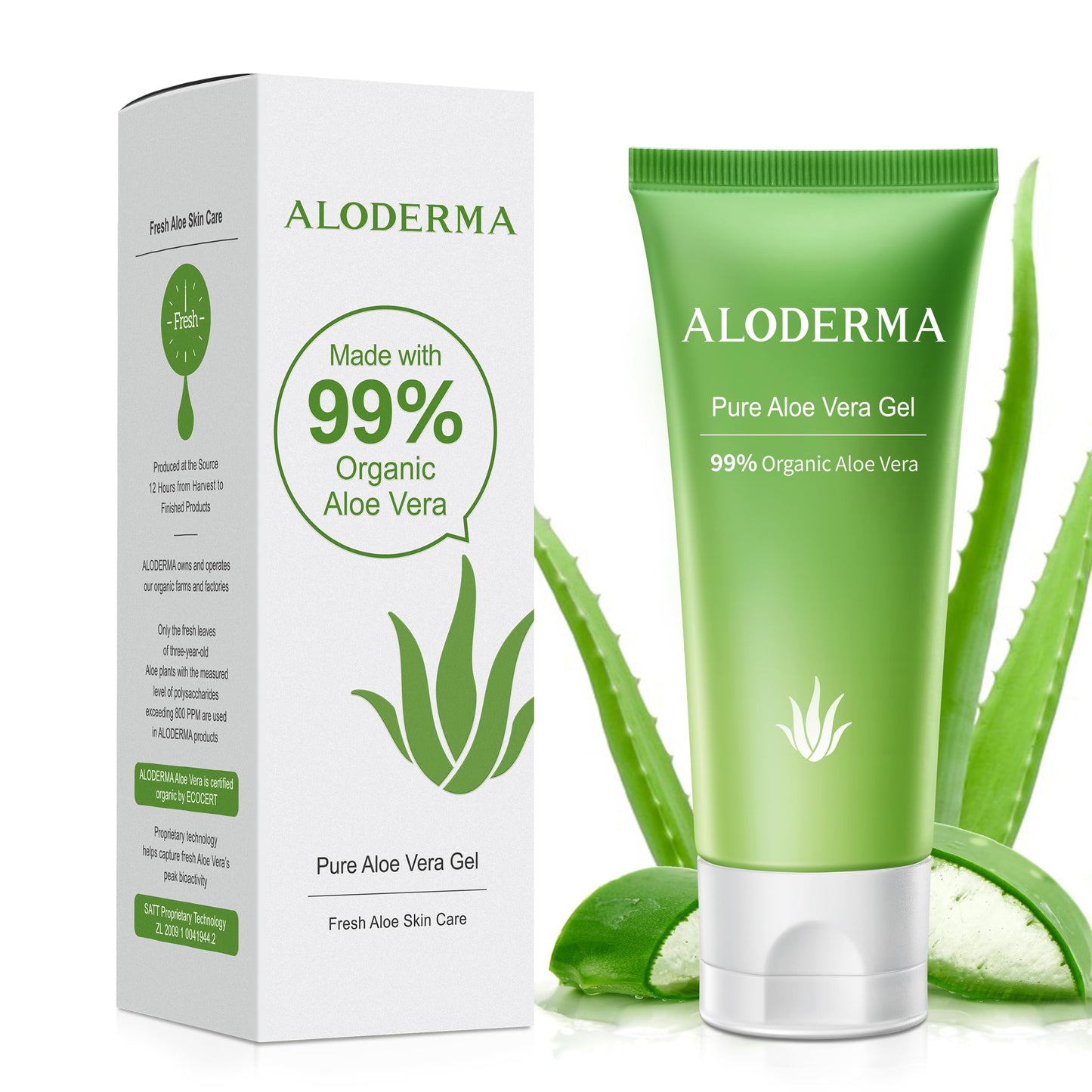 Aloderma 99% Organic Aloe Vera Gel – Fast-Harvest, Travel Size 1.5oz, Soothing, Hydrating Relief for Face, Body & Scalp