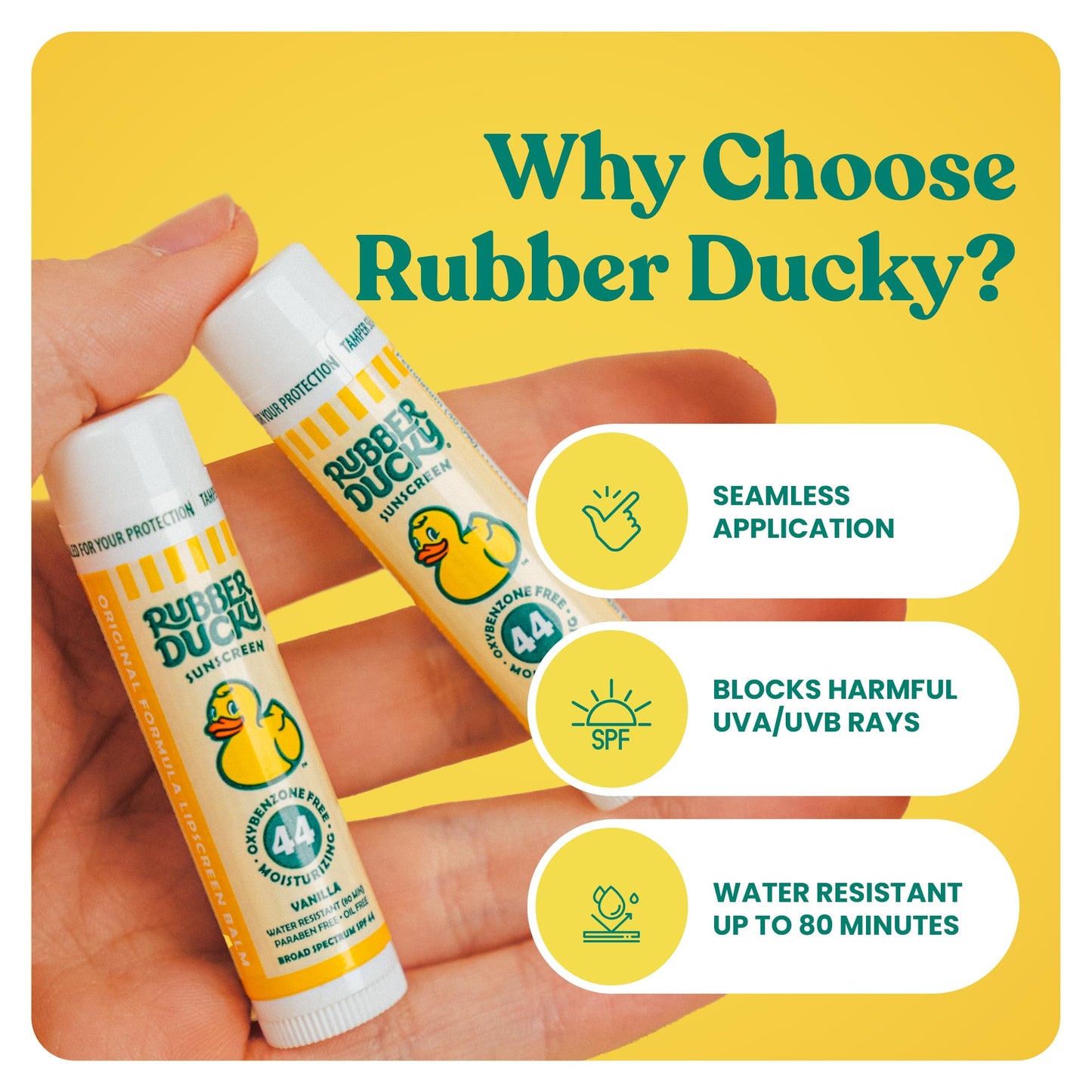 Rubber Ducky SPF 44 Lip Balm – Vegan, Water-Resistant, Untinted Vanilla Flavor with Vitamin E – Broad Spectrum All-Season Lip Sunscreen