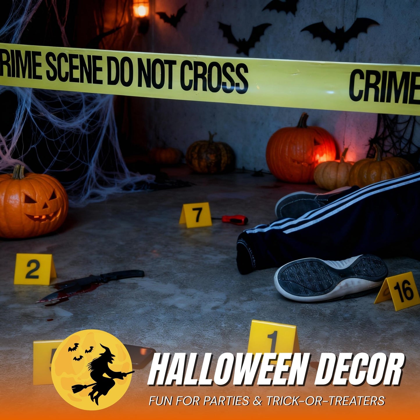 Halloween Crime Scene Decorations Kit - Mystery Dinner Party Supplies with Crime Scene Tape, 25 Evidence Markers & 25 Crime Object Cards
