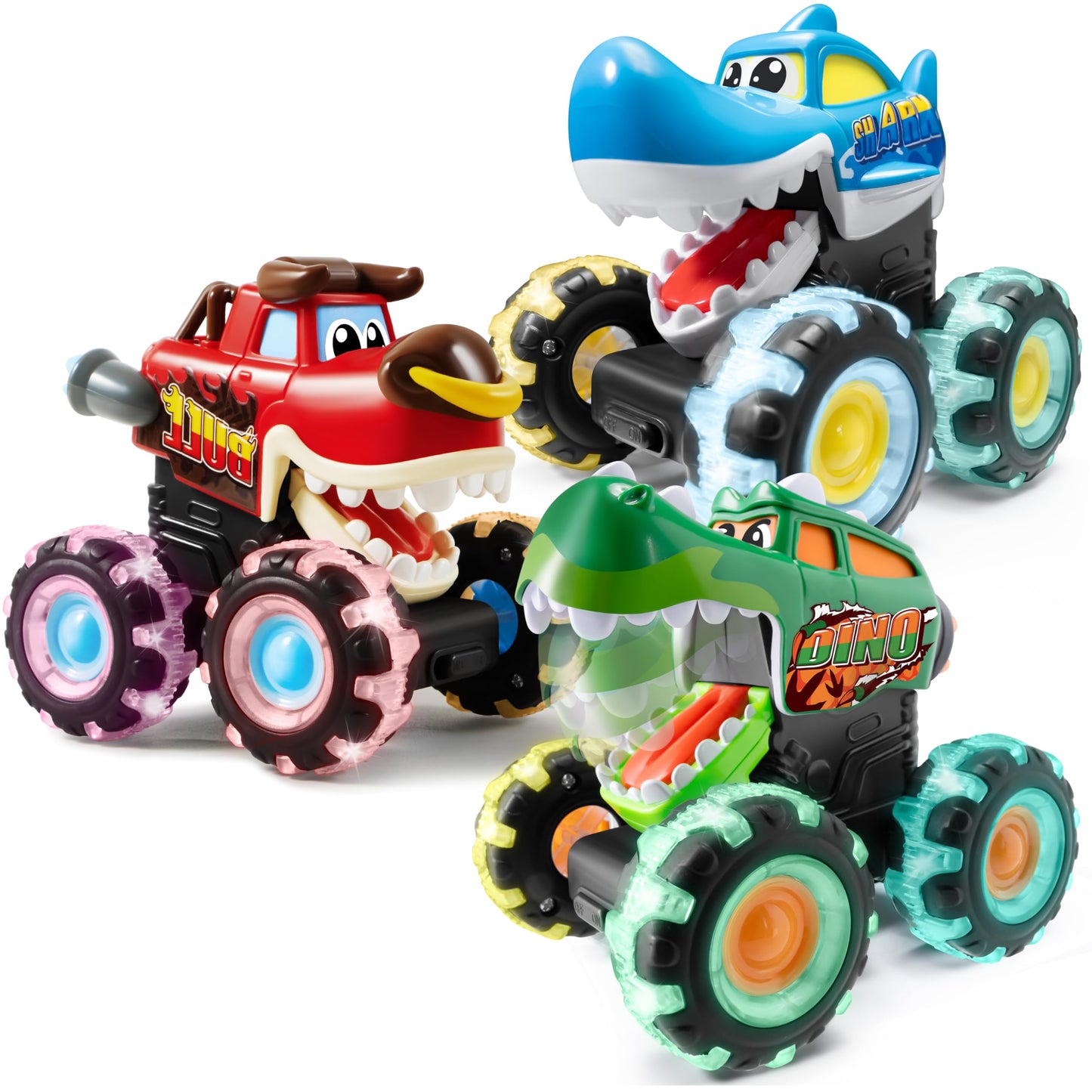 JOYIN 3-Pack Monster Truck Toys – Motion-Activated Light-Up Press & Go Cars for Toddlers, Boys Birthday & Christmas Gifts