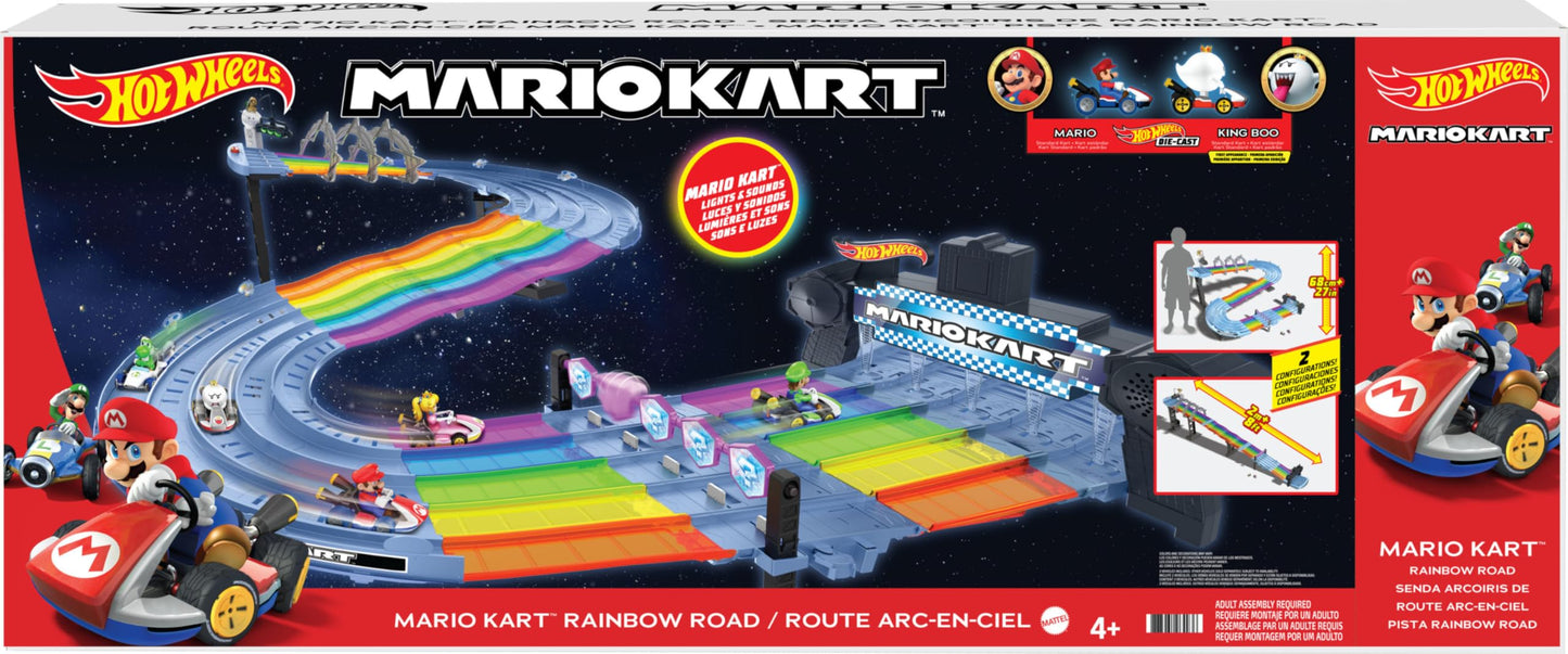 Hot Wheels Mario Kart Rainbow Road 8-Foot Track Set with Lights & Sounds, 2 1:64 Vehicles, 5-Color Course & 2 Configurations