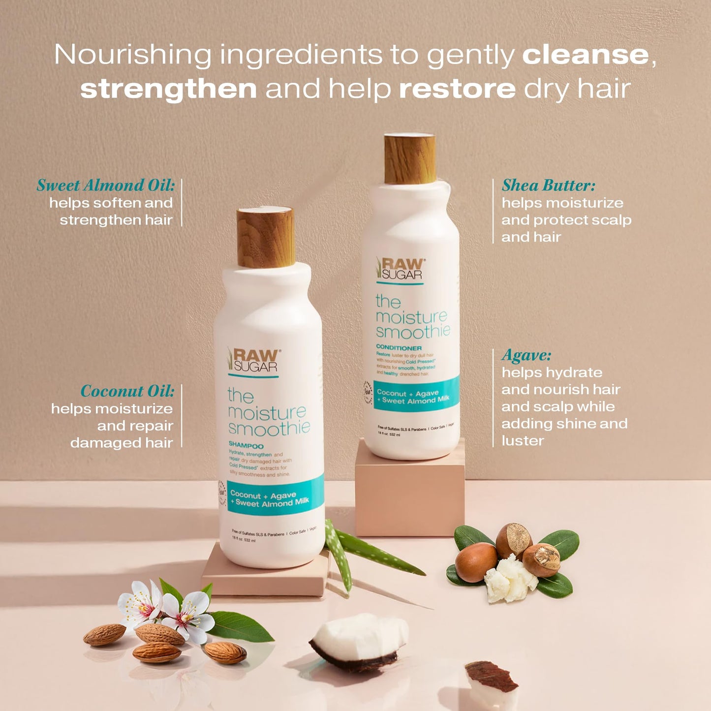 Raw Sugar Moisture Smoothie Shampoo & Conditioner with Coconut Oil, Agave & Sweet Almond Milk | Hydrates & Nourishes Dry Hair | Sulfate-Free