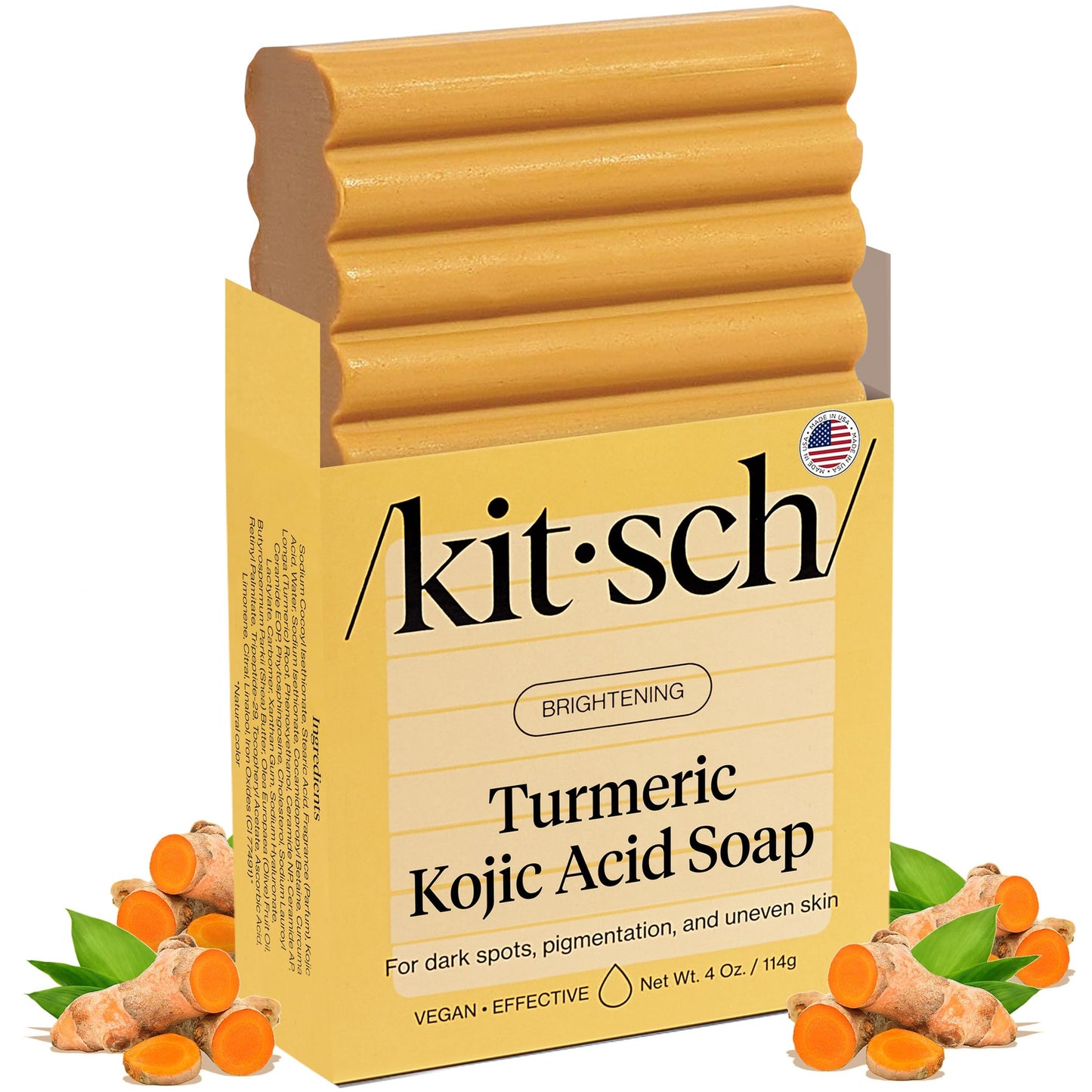 Kitsch Kojic Acid & Turmeric Soap Bar – Brightening Face & Body Wash with Hyaluronic Acid & Shea Butter for Dark Spots & Even Skin Tone, 4 oz