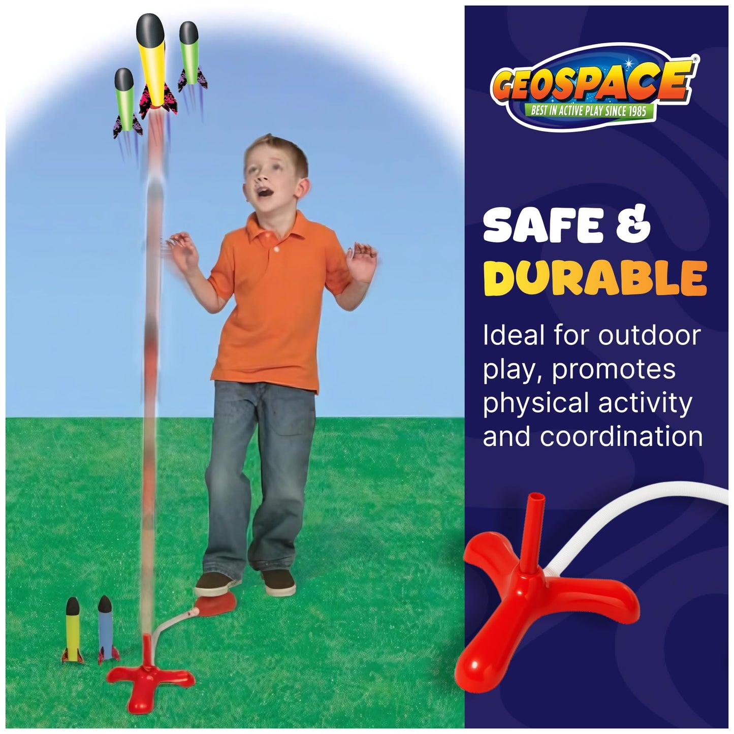 Geospace Jump Rocket Mini Set – 3 Foam Stomper Rockets with Single Pump, Outdoor Fun Toy for Kids Boys & Girls