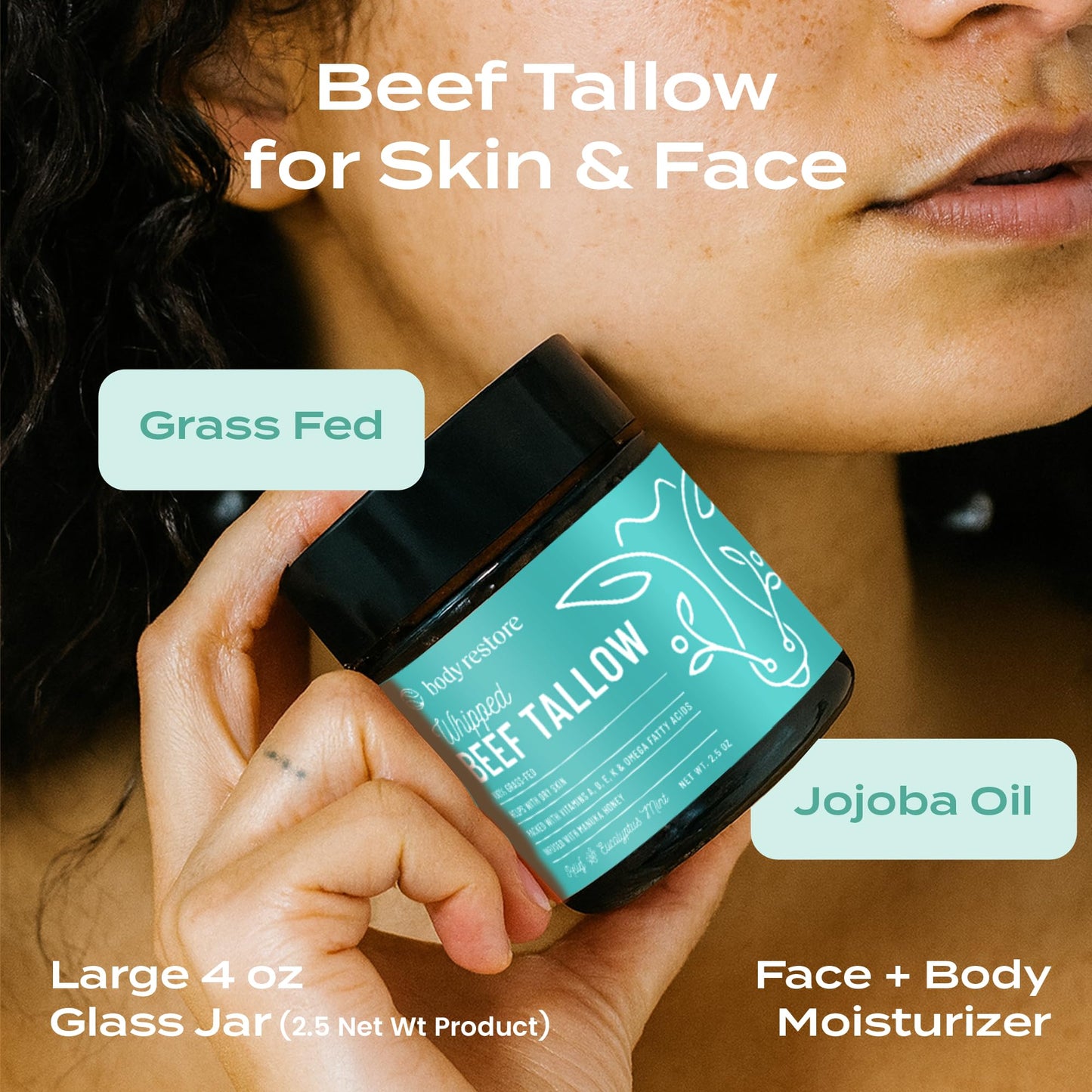 Body Restore Whipped Grass-Fed Beef Tallow for Dry Skin, Face & Body with Manuka Honey, Jojoba & Eucalyptus – Travel, Gifts & Stocking Stuffers