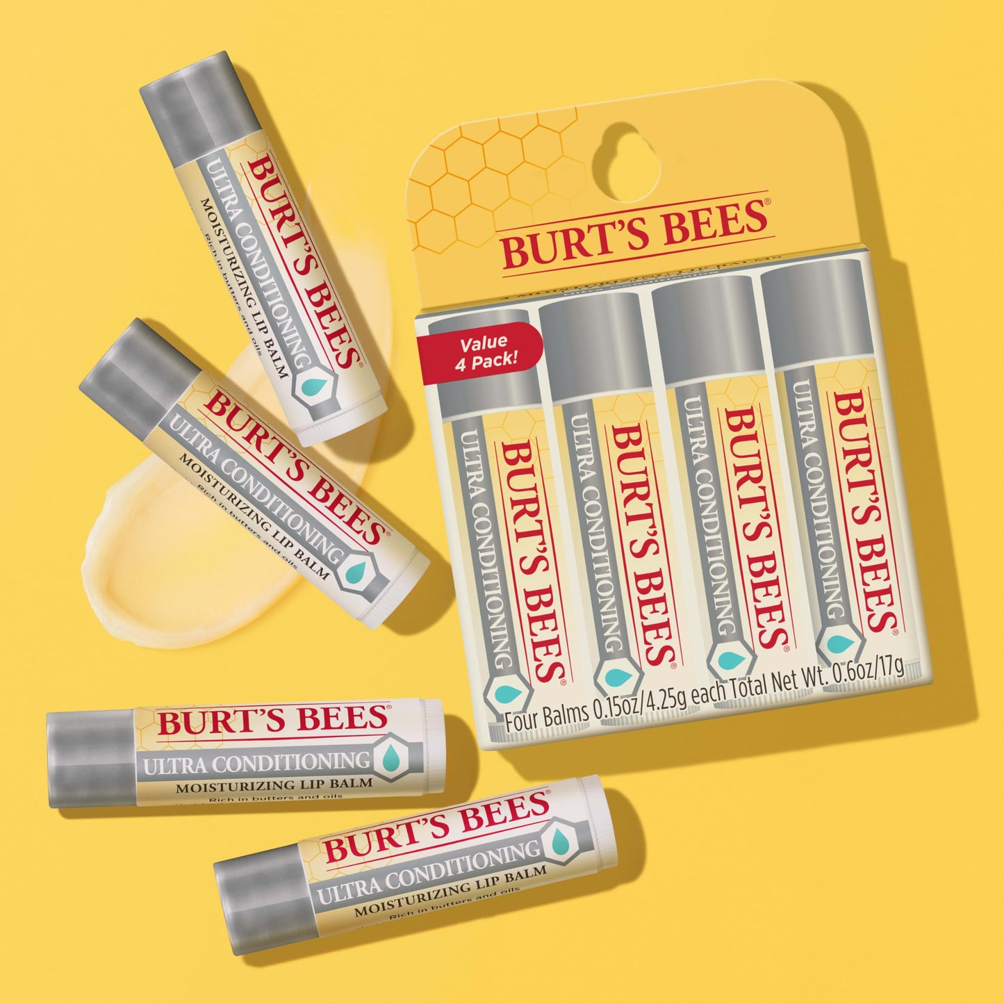 Burt's Bees Lip Balm 4-Pack – Natural Moisturizing Lip Care, Shea, Cocoa & Kokum Butter, All-Day Hydration, Christmas Stocking Stuffers