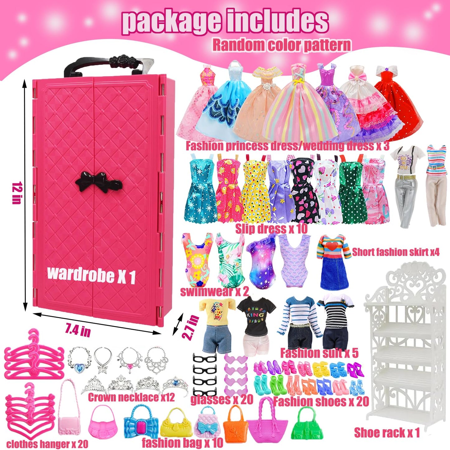 Korilave 108-Piece Doll Clothes & Accessories Set with Closet Wardrobe for 11.5" Dolls – Dresses, Swimsuits, Bags, Hangers, Birthday Gift