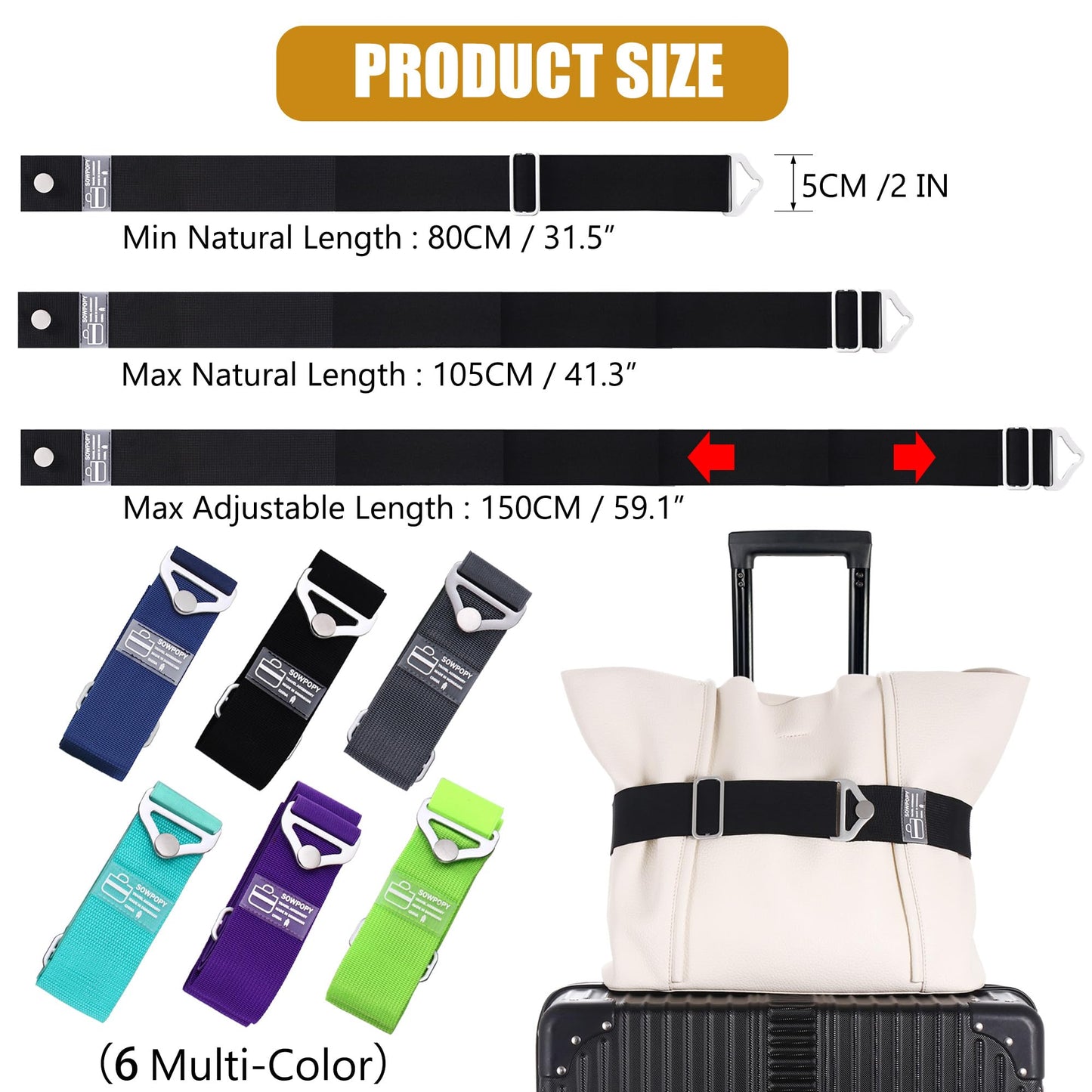 SOWPOPY Travel Belt for Luggage – Adjustable Add-a-Bag Strap, 2-in-1 Elastic Suitcase Belt Over Handle for Carry-On & Travel Accessories (Black)