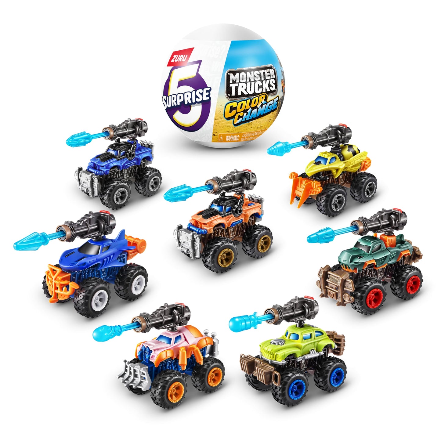 5 Surprise Monster Trucks Series 3 Color Change (2 Pack) by ZURU Collectible Racing Battle Surprise Fireable Weapons Action Toys for Boys