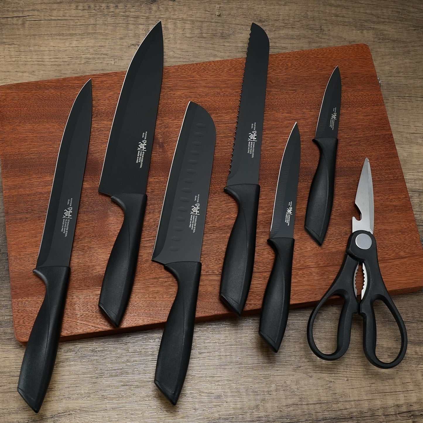 HUNTER.DUAL 8-Piece Chef Knife Set with Universal Block – Sharp, Anti-Rust, Ergonomic Design for Professional & Home Kitchens (Black)