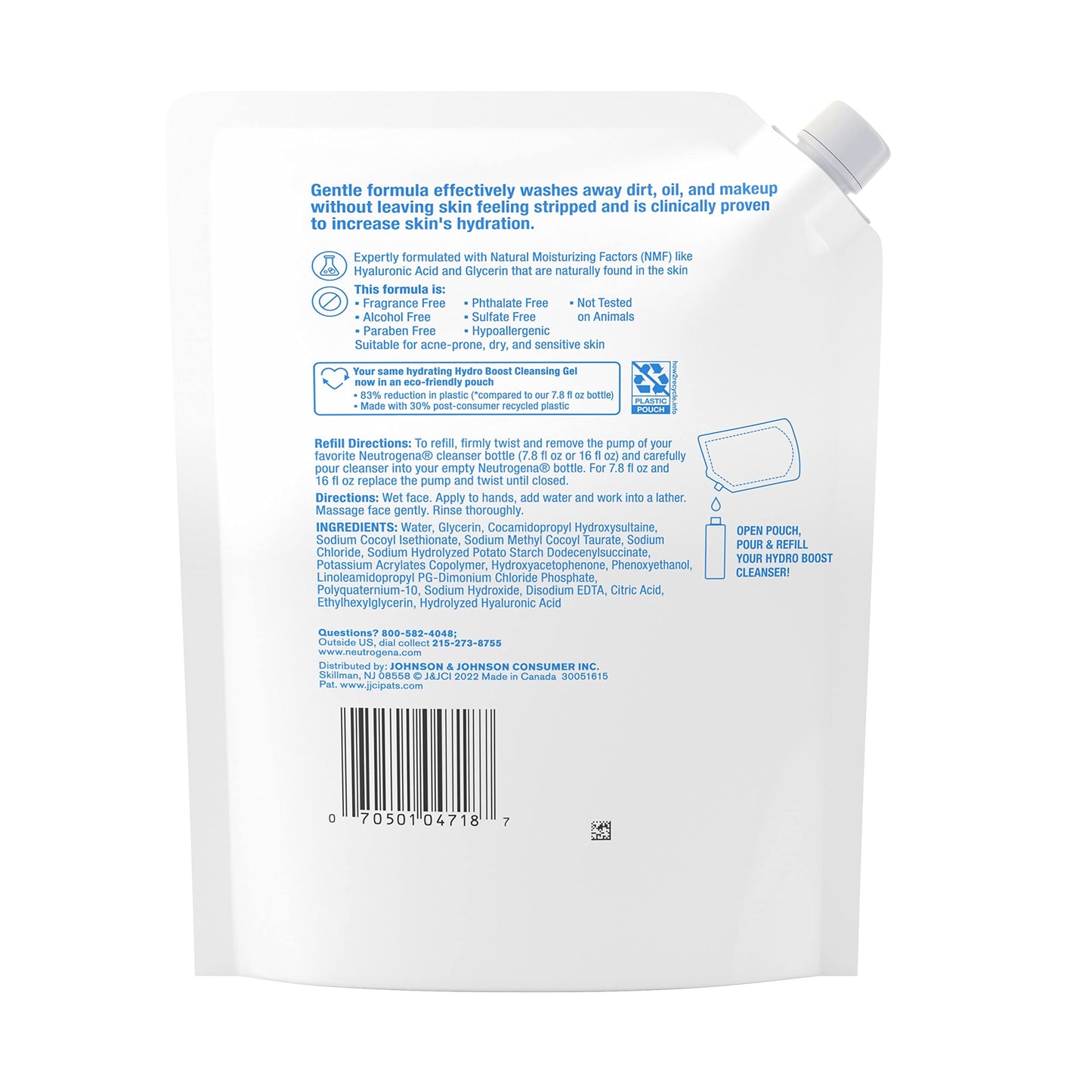 Neutrogena Hydro Boost Fragrance-Free Hydrating Gel Cleanser with Hyaluronic Acid – Daily Foaming Face Wash & Makeup Remover, 16 fl. oz Refill