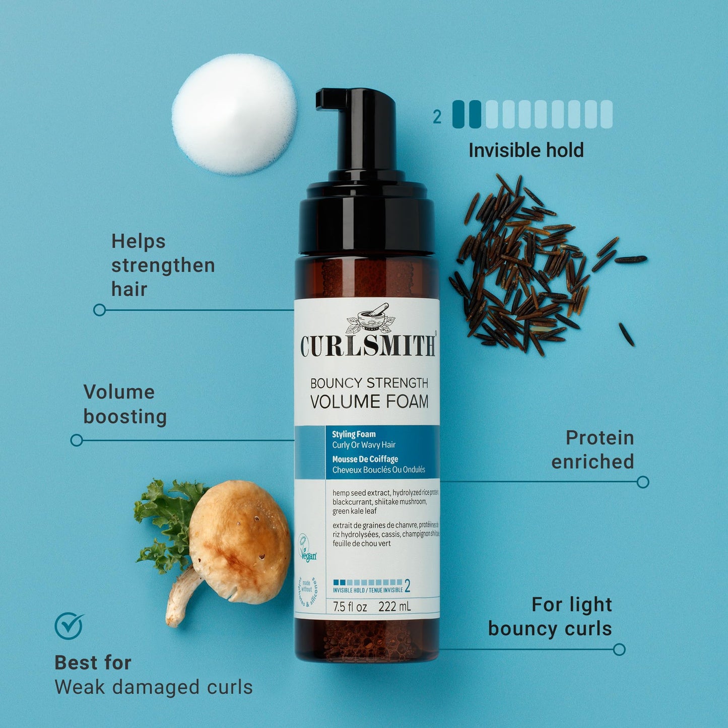 CURLSMITH - Bouncy Strength Volume Foam, Styling Foam for Curly & Wavy Hair, Light Hold (7.5 fl oz)