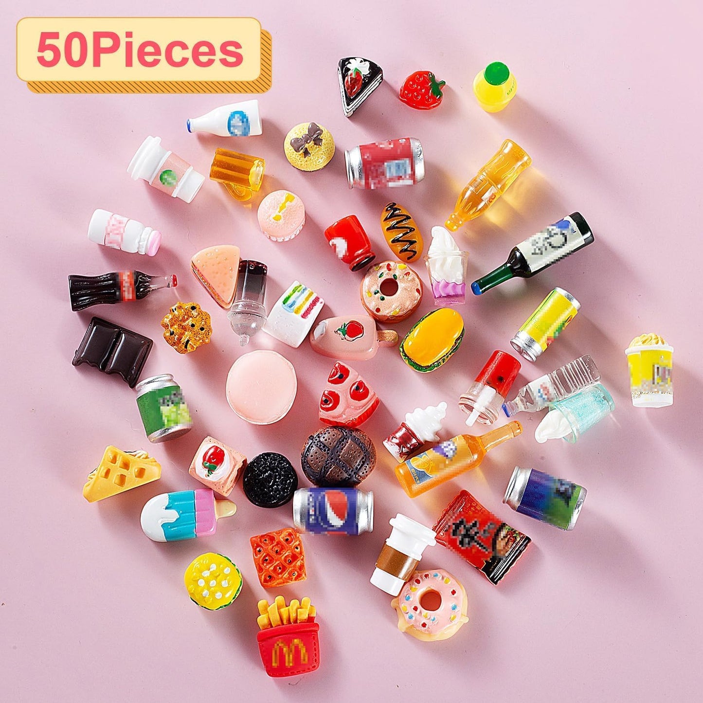 50 Pcs Miniature Food & Drink Bottles for 1/12 Dollhouse – Soda, Snacks, Cake, Ice Cream, Pretend Play Kitchen Toys (25 Food + 25 Drink)