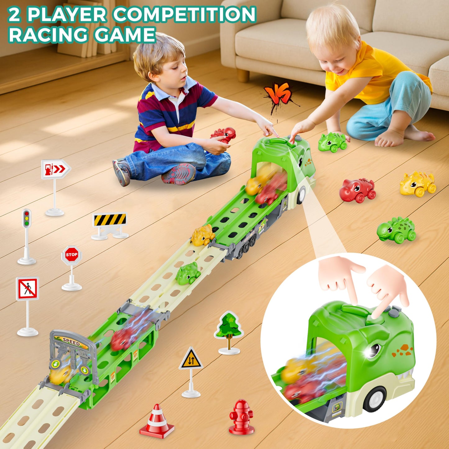Funwee Dinosaur Truck Toy Set for Kids Ages 2-7 – Foldable Track, 2-Player Race, Lights & Sounds, 6 Dino Cars + 12 Accessories, Birthday Gift