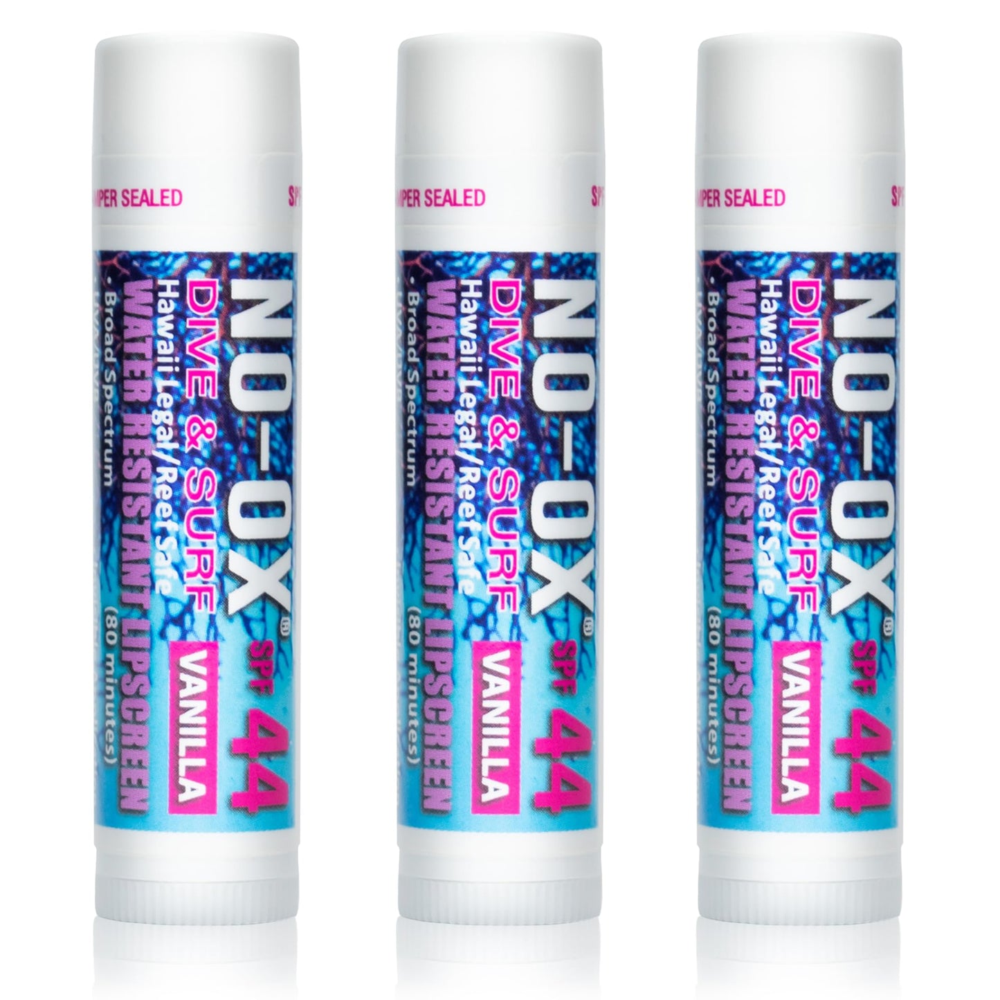 NO-OX SPF 44 Lip Balm 3-Pack – Broad Spectrum, Vitamin E, Moisturizing, Vegan, Water Resistant, Vanilla Flavor, 0.15 oz Each