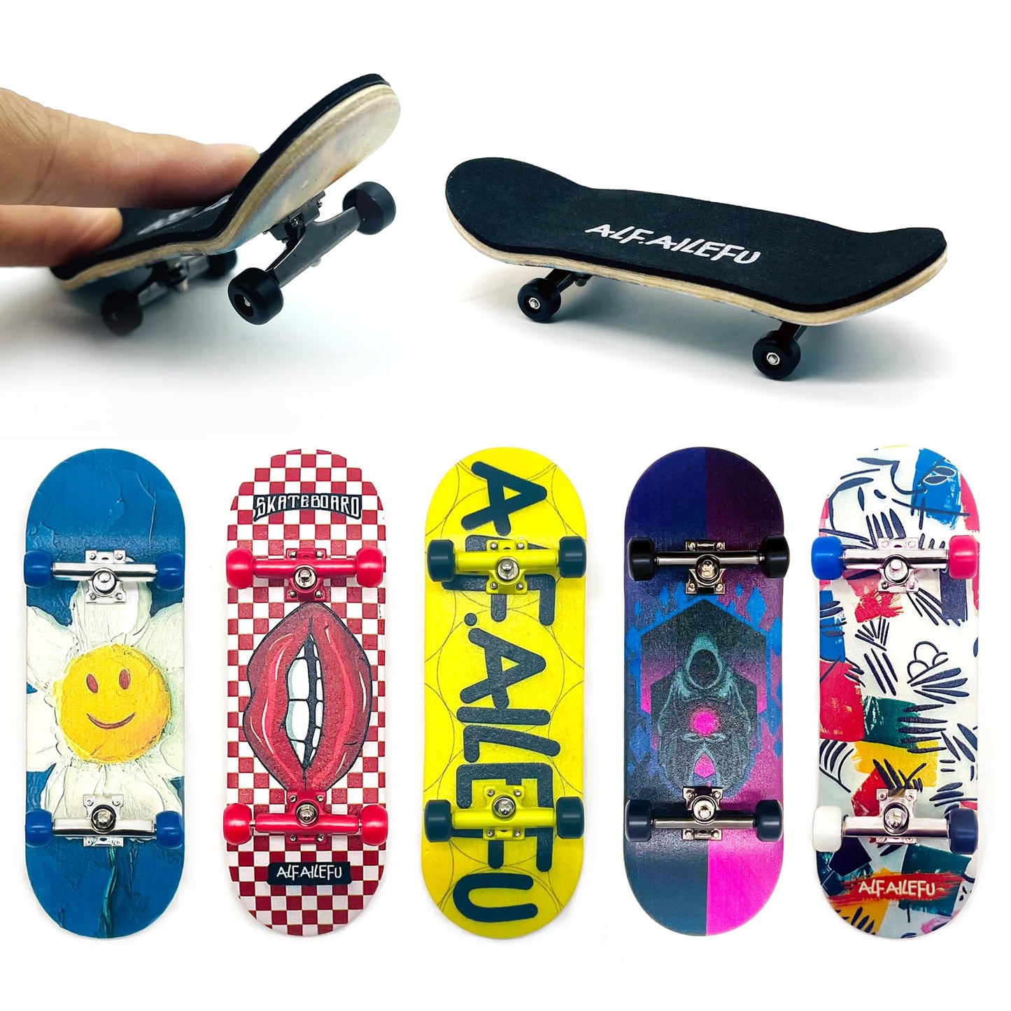 ALFAILEFU Pro Fingerboard 32mm Wooden Board Professional Finger Skateboard Trucks CNC Wheels with Bearings (Death)